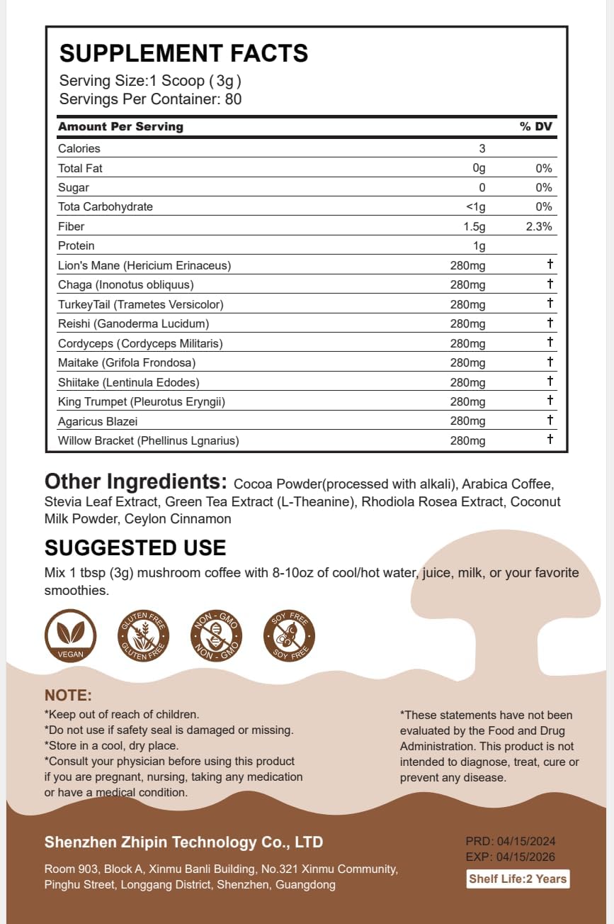Organic Mushroom Coffee Powder (80 Servings) with Lion's Mane, Cordyceps, Reishi, Chaga - Natural Ingredients for Focus, Immunity, and Gut Health