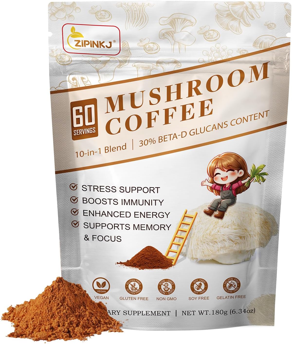 Organic Mushroom Coffee Powder Supplement with Lion's Mane, Cordyceps, Reishi, Chaga - 60 Servings for Focus, Immunity, and Gut Health
