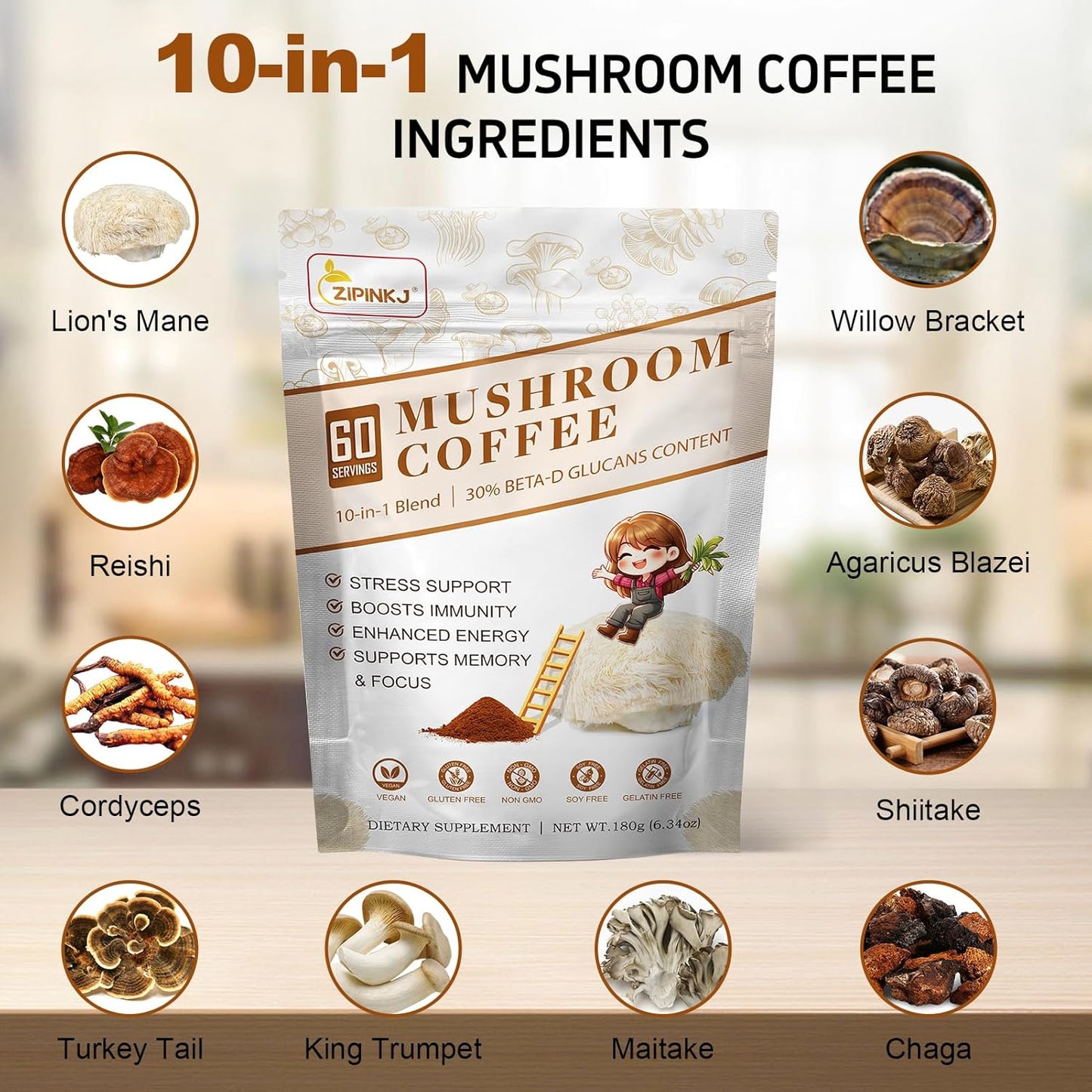 Organic Mushroom Coffee Powder Supplement with Lion's Mane, Cordyceps, Reishi, Chaga - 60 Servings for Focus, Immunity, and Gut Health