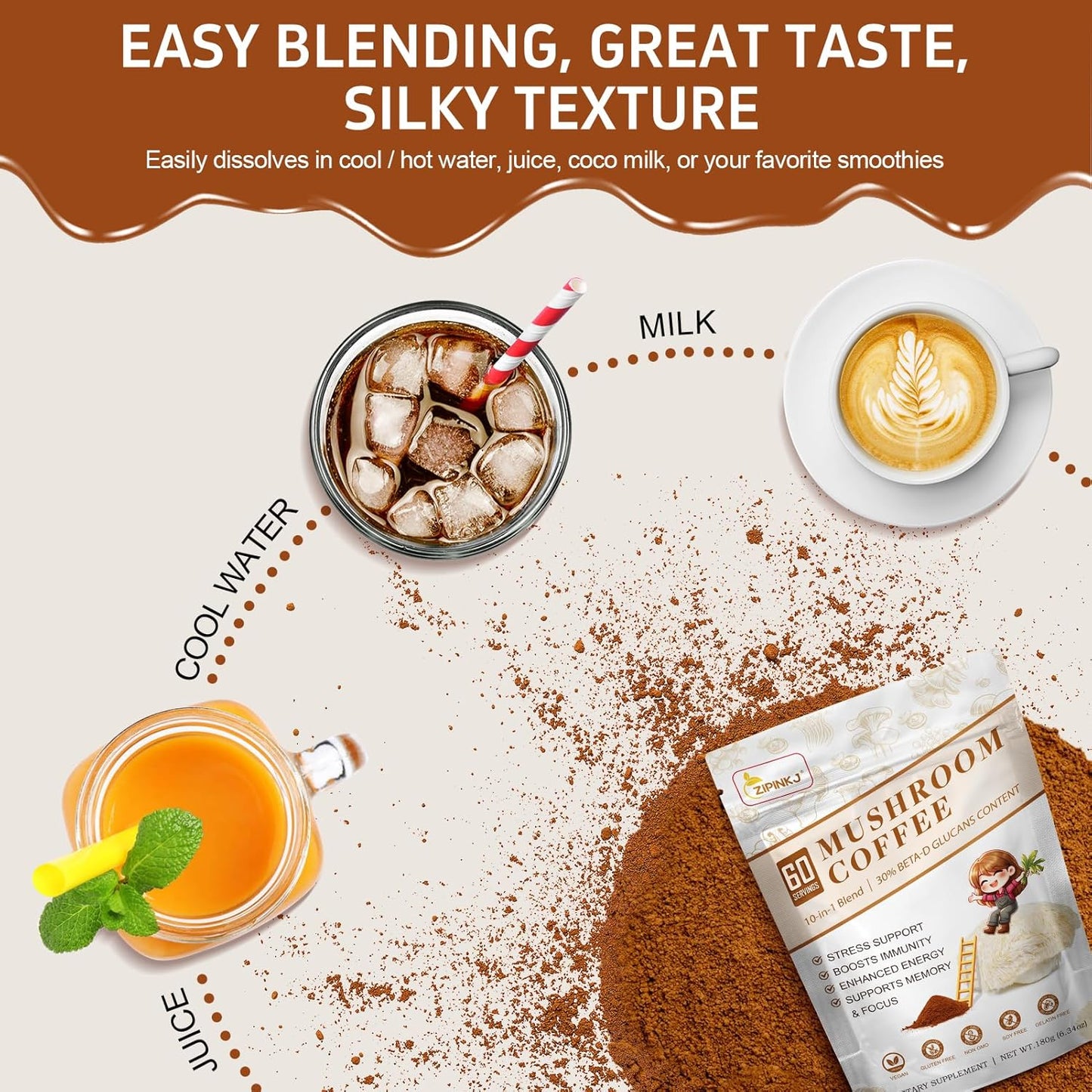 Organic Mushroom Coffee Powder Supplement with Lion's Mane, Cordyceps, Reishi, Chaga - 60 Servings for Focus, Immunity, and Gut Health
