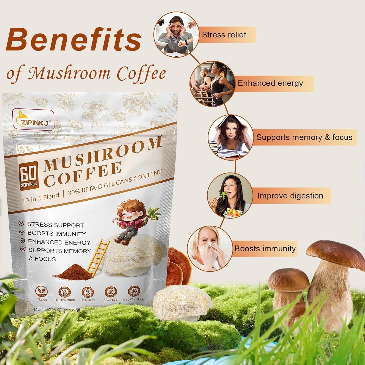 Organic Mushroom Coffee Powder Supplement with Lion's Mane, Cordyceps, Reishi, Chaga - 60 Servings for Focus, Immunity, and Gut Health