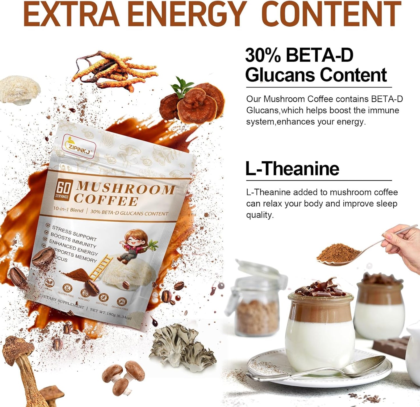 Organic Mushroom Coffee Powder Supplement with Lion's Mane, Cordyceps, Reishi, Chaga - 60 Servings for Focus, Immunity, and Gut Health