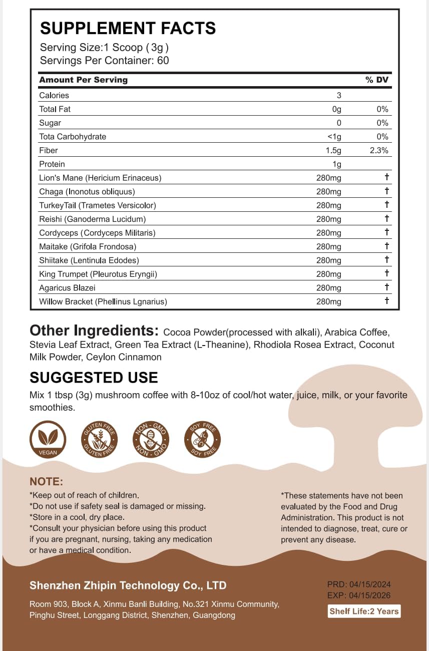 Organic Mushroom Coffee Powder Supplement with Lion's Mane, Cordyceps, Reishi, Chaga - 60 Servings for Focus, Immunity, and Gut Health