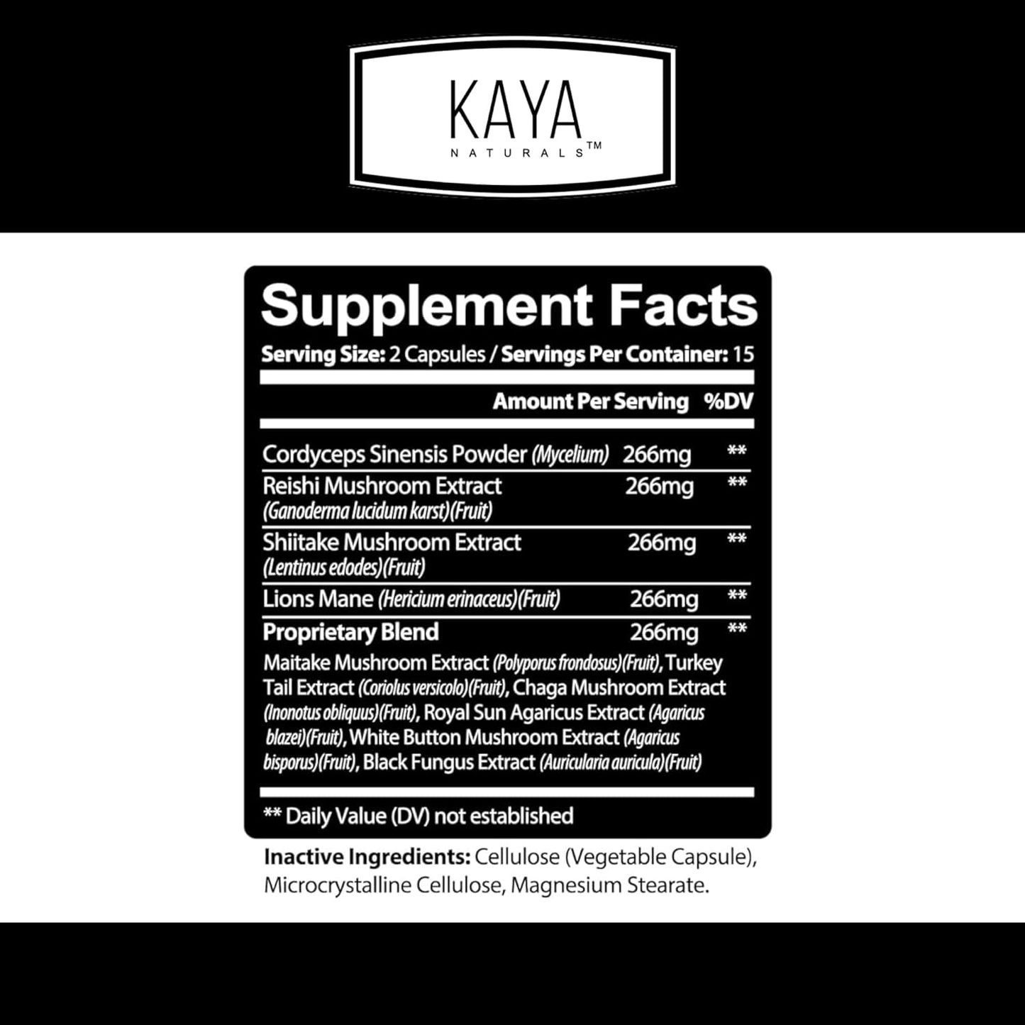 Organic Mushroom Complex Capsules 1995mg - Boost Mental Clarity, Immune System & Vitality | Kaya Naturals Premium Supplement | 30 Count