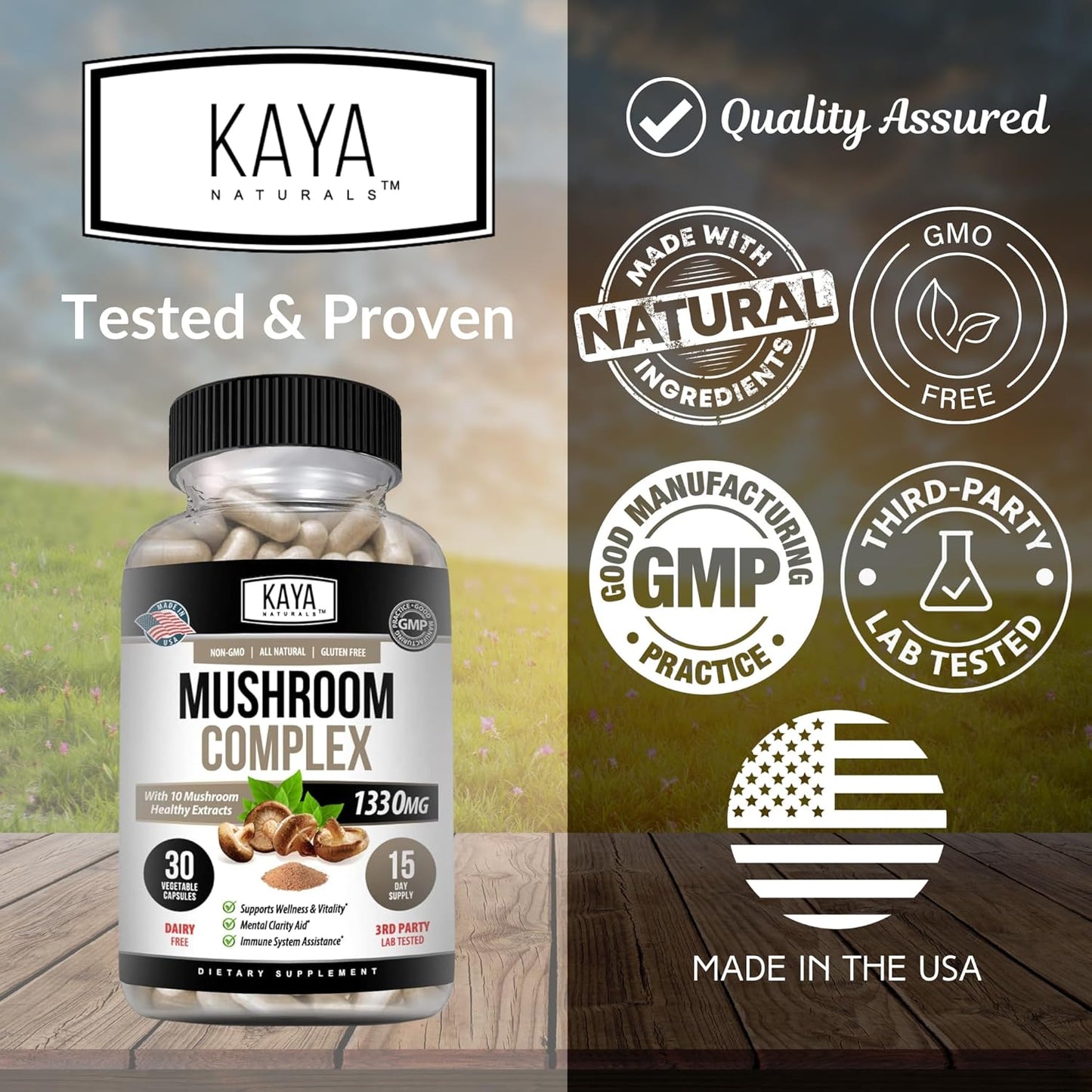 Organic Mushroom Complex Capsules 1995mg - Boost Mental Clarity, Immune System & Vitality | Kaya Naturals Premium Supplement | 30 Count