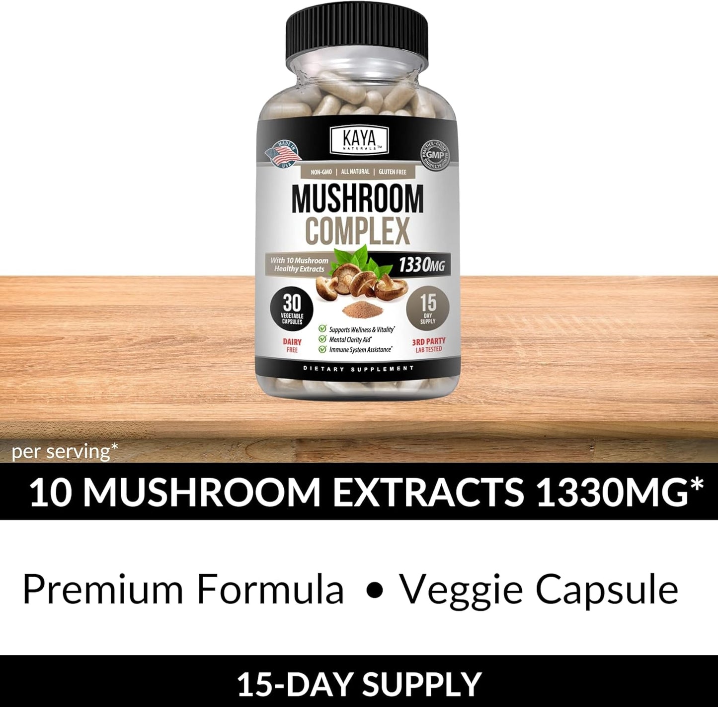 Organic Mushroom Complex Capsules 1995mg - Boost Mental Clarity, Immune System & Vitality | Kaya Naturals Premium Supplement | 30 Count