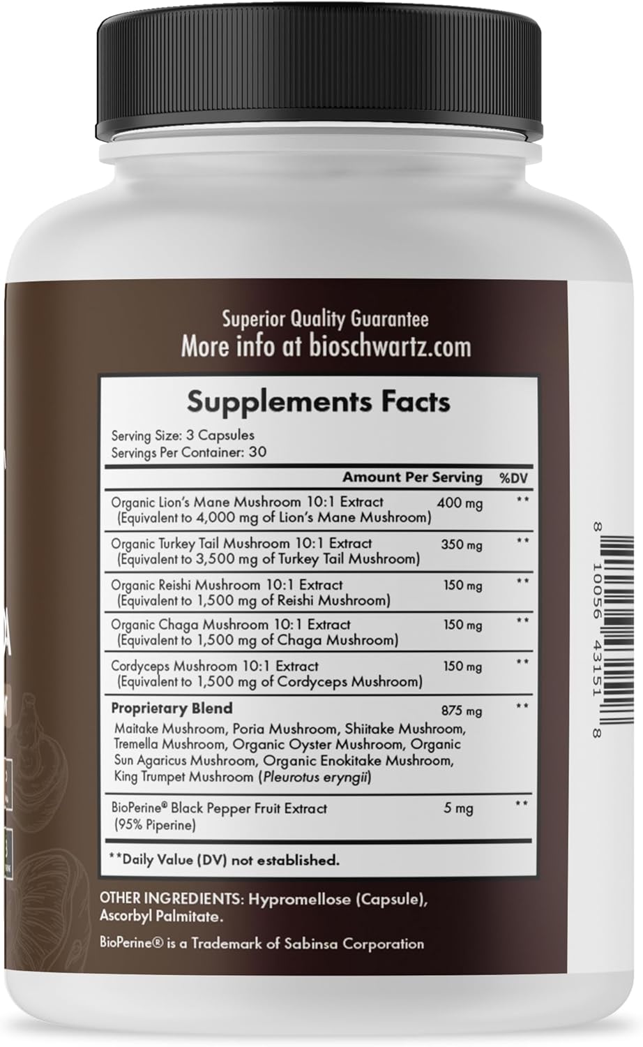 Organic Mushroom Complex Supplement Capsules with Lions Mane, Reishi, Turkey Tail, Cordyceps, Shiitake, Chaga, Black Pepper - 90 Count for Energy, Focus, Memory - BioSchwartz