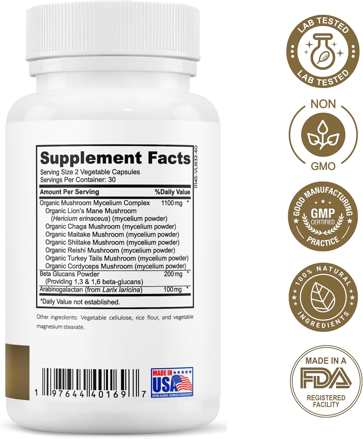 Organic Mushroom Complex with 7 Blend Immune Support & Cognitive Health - Lion's Mane, Chaga, Maitake, Shiitake, Reishi, Turkey Tails, Cordyceps