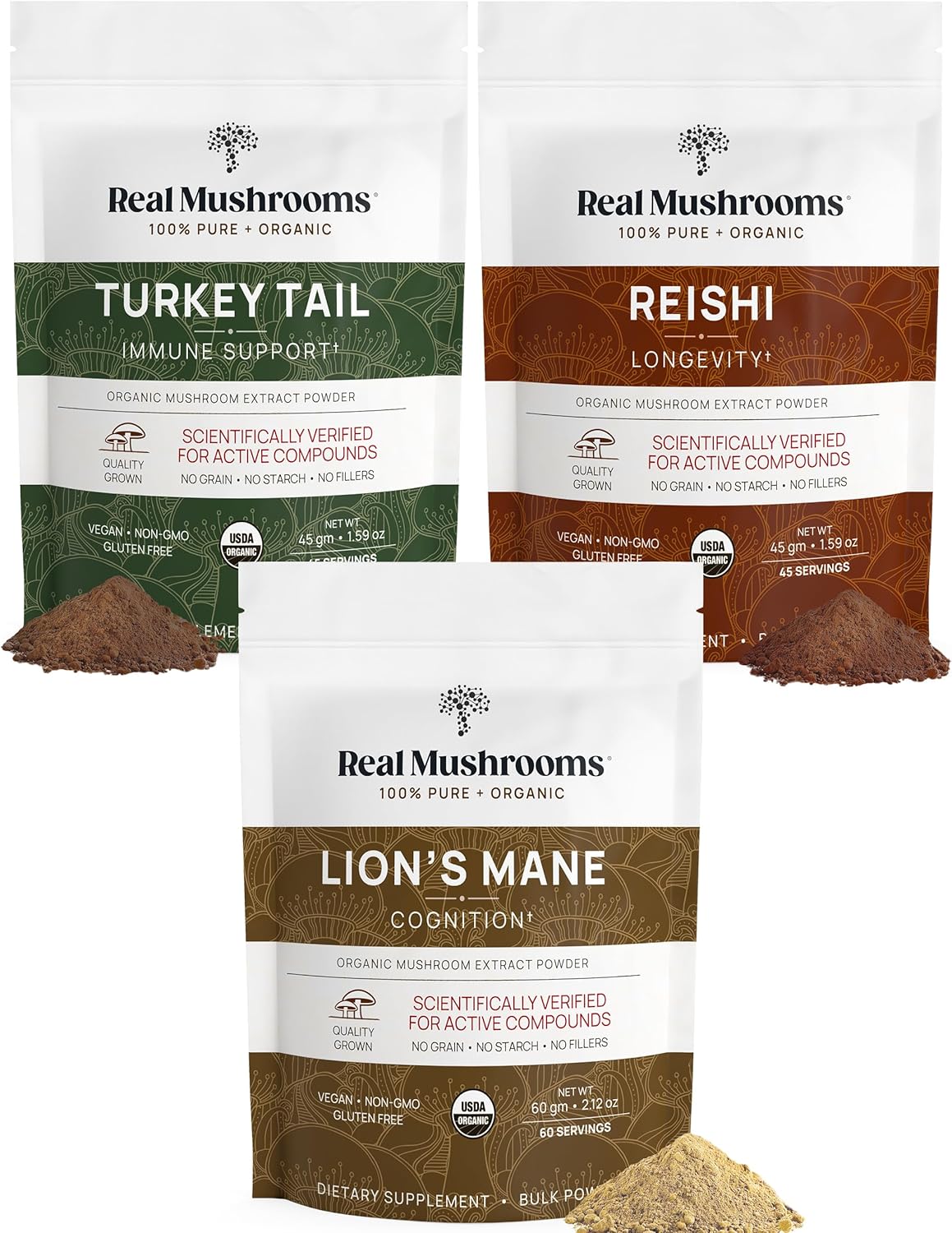 Organic Mushroom Extract Powder Trio (Lion's Mane, Reishi, Turkey Tail) - 150g | Non-GMO, Vegan Friendly