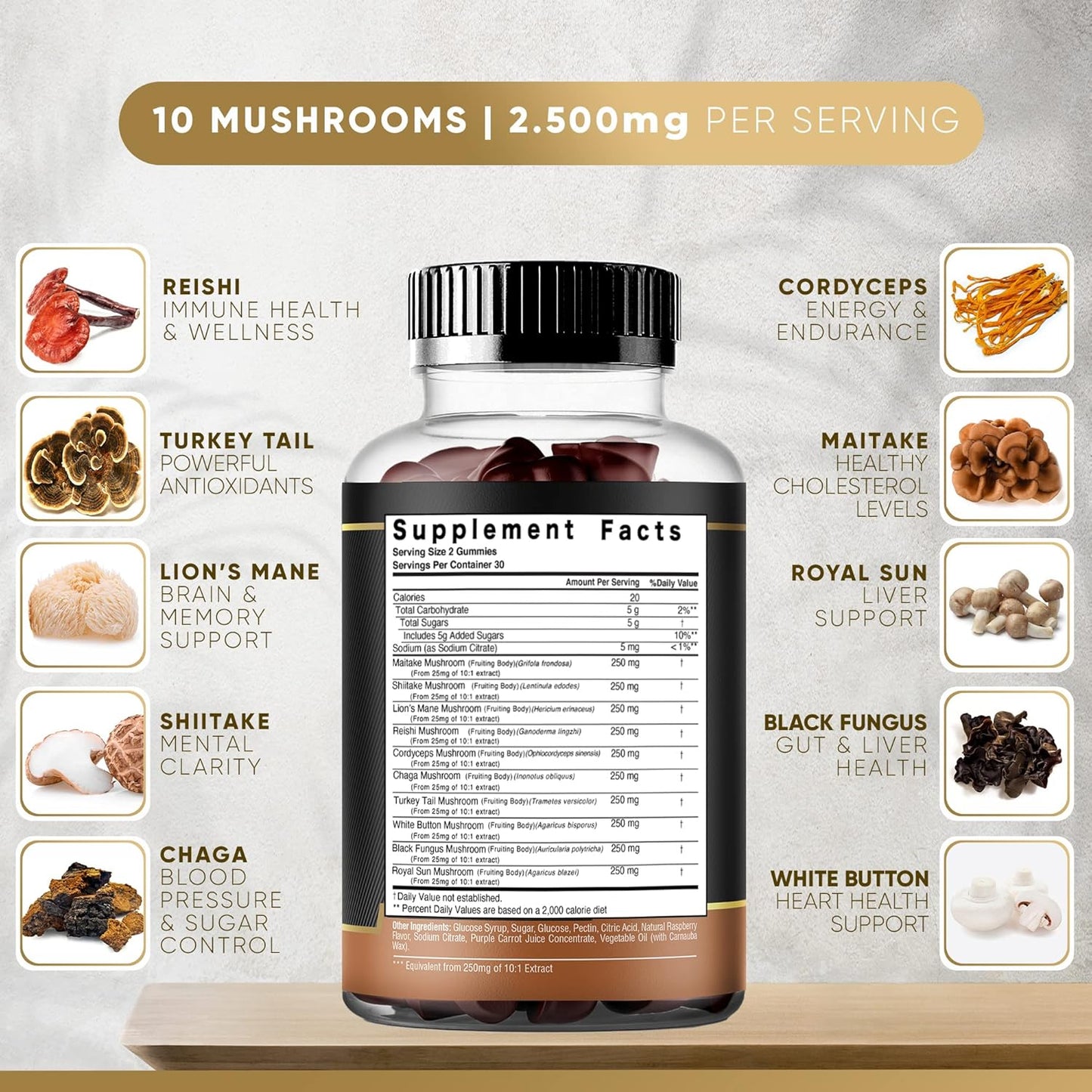 Organic Mushroom Gummies Supplement with 10 Mushrooms - 2500mg - Focus, Memory, Energy - 60ct