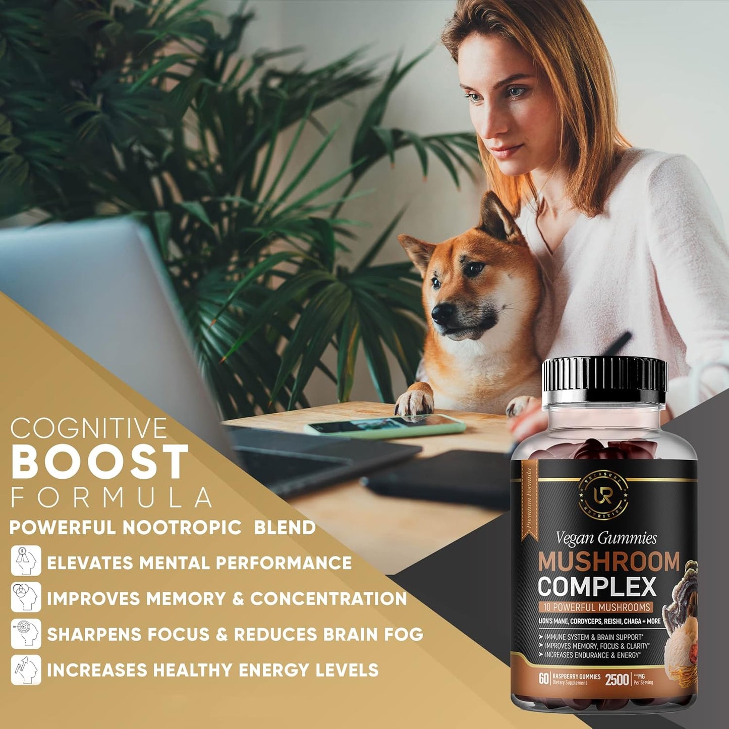Organic Mushroom Gummies Supplement with 10 Mushrooms - 2500mg - Focus, Memory, Energy - 60ct