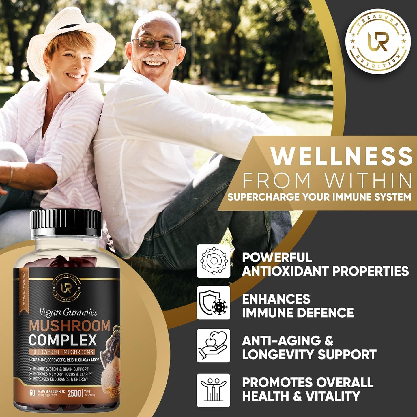 Organic Mushroom Gummies Supplement with 10 Mushrooms - 2500mg - Focus, Memory, Energy - 60ct