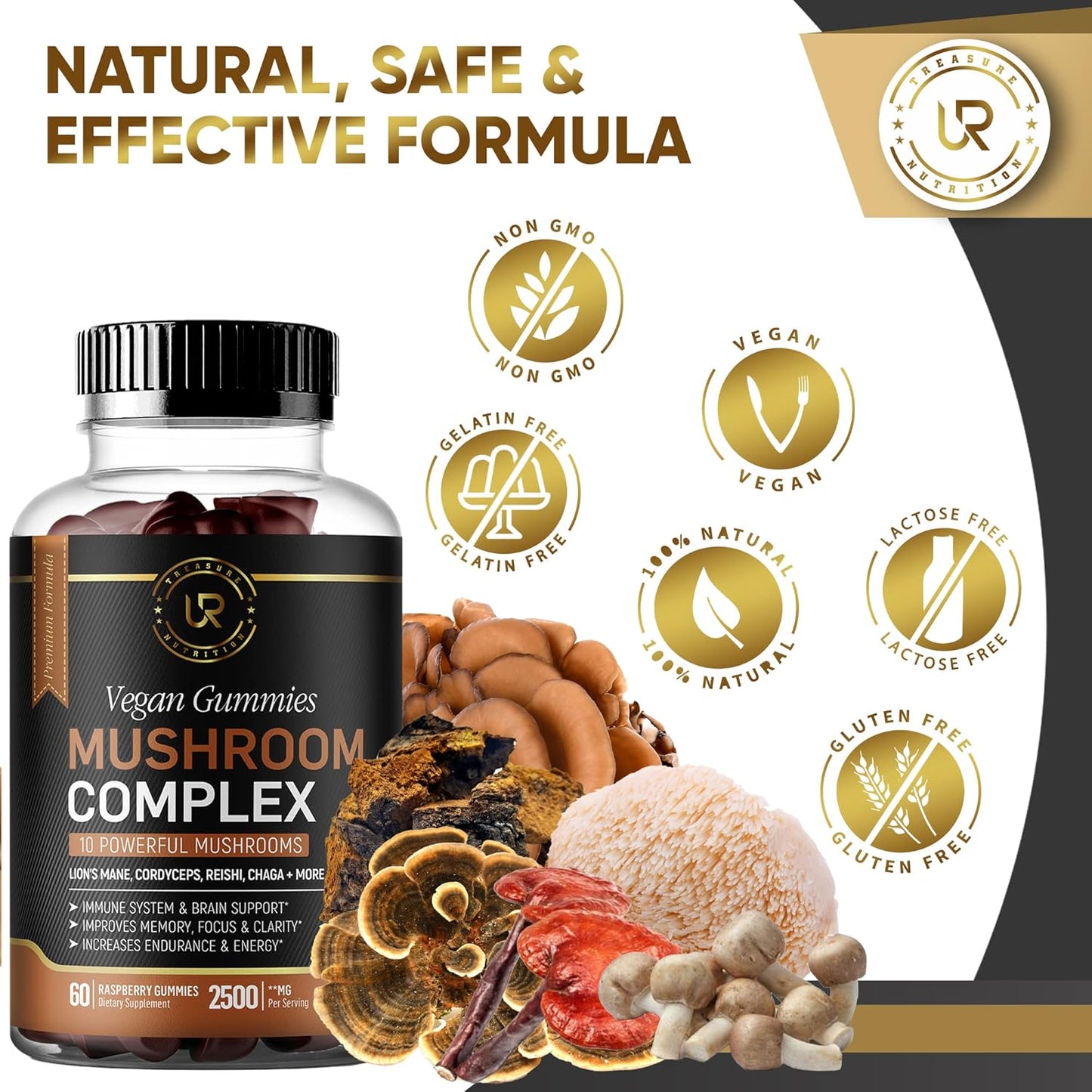 Organic Mushroom Gummies Supplement with 10 Mushrooms - 2500mg - Focus, Memory, Energy - 60ct