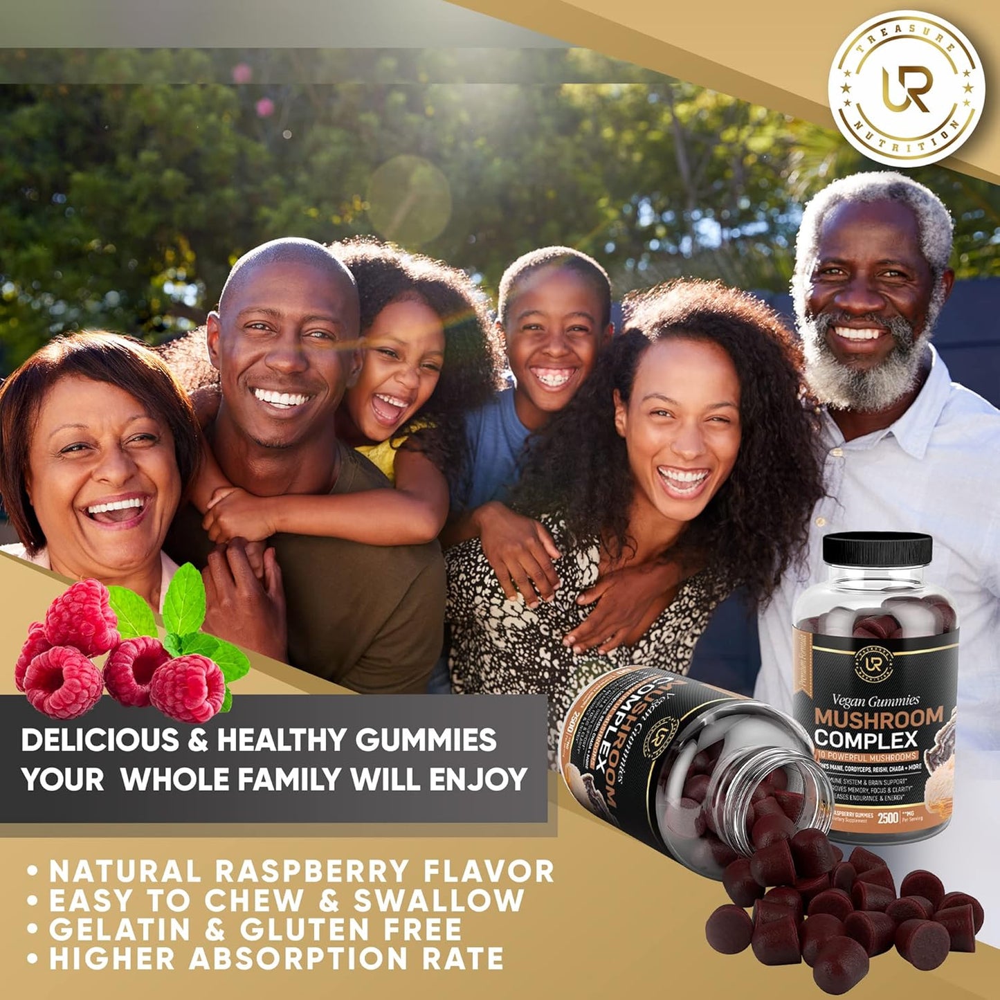 Organic Mushroom Gummies Supplement with 10 Mushrooms - 2500mg - Focus, Memory, Energy - 60ct