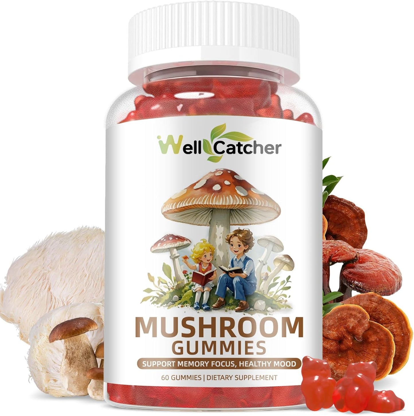 Organic Mushroom Gummies Supplement with Ashwagandha for Memory and Focus - Lion Mane, Reishi, Cordyceps - Vegan Non GMO Mixed Fruit Flavor - 60CT