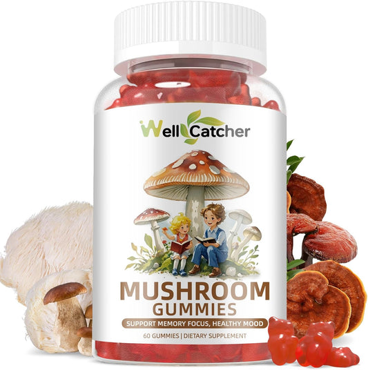 Organic Mushroom Gummies Supplement with Ashwagandha for Memory and Focus - Lion Mane, Reishi, Cordyceps - Vegan Non GMO Mixed Fruit Flavor - 60CT