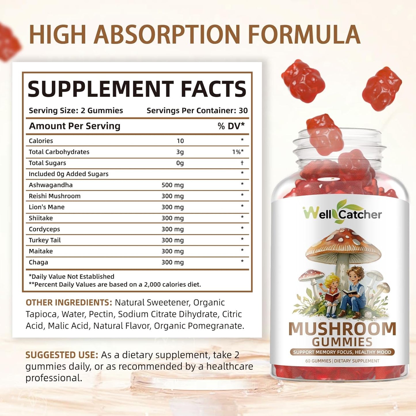 Organic Mushroom Gummies Supplement with Ashwagandha for Memory and Focus - Lion Mane, Reishi, Cordyceps - Vegan Non GMO Mixed Fruit Flavor - 60CT