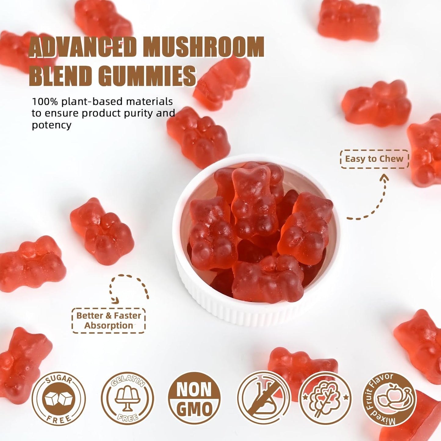 Organic Mushroom Gummies Supplement with Ashwagandha for Memory and Focus - Lion Mane, Reishi, Cordyceps - Vegan Non GMO Mixed Fruit Flavor - 60CT