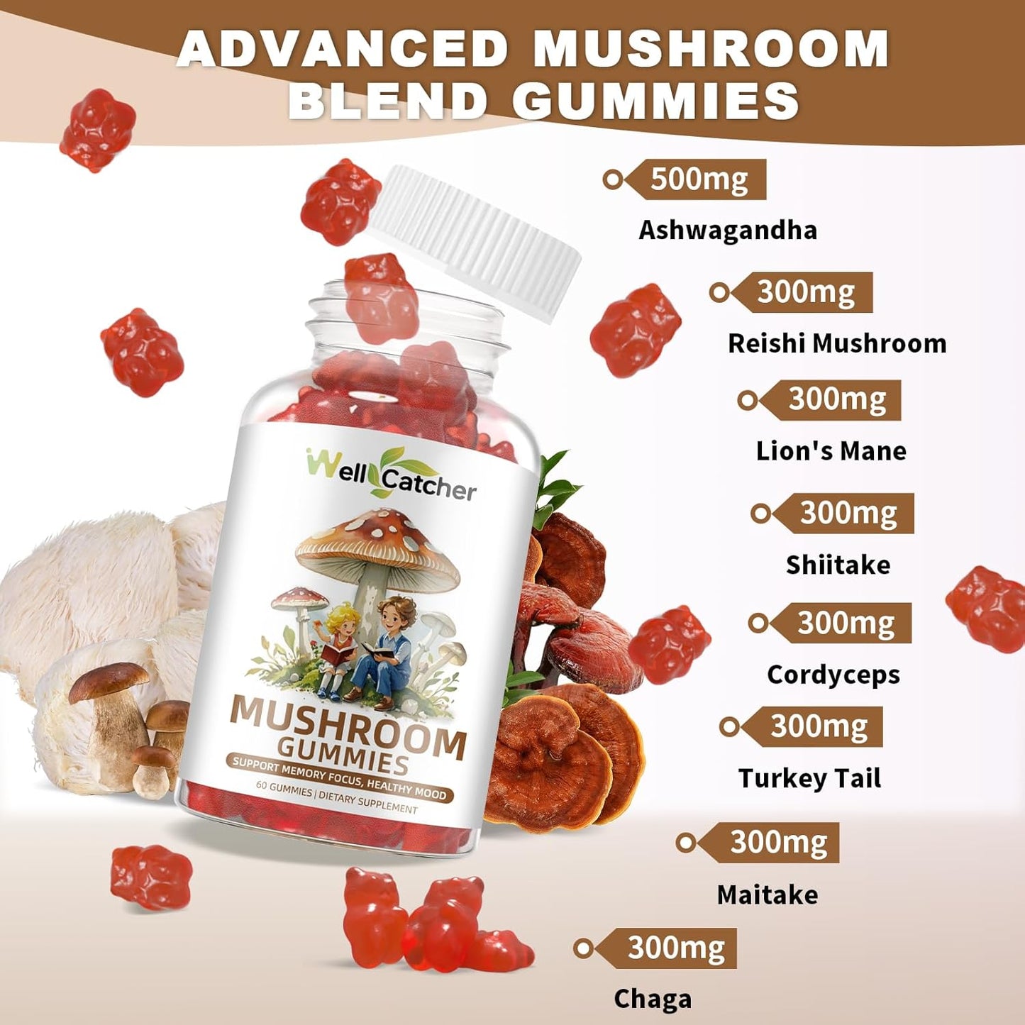 Organic Mushroom Gummies Supplement with Ashwagandha for Memory and Focus - Lion Mane, Reishi, Cordyceps - Vegan Non GMO Mixed Fruit Flavor - 60CT