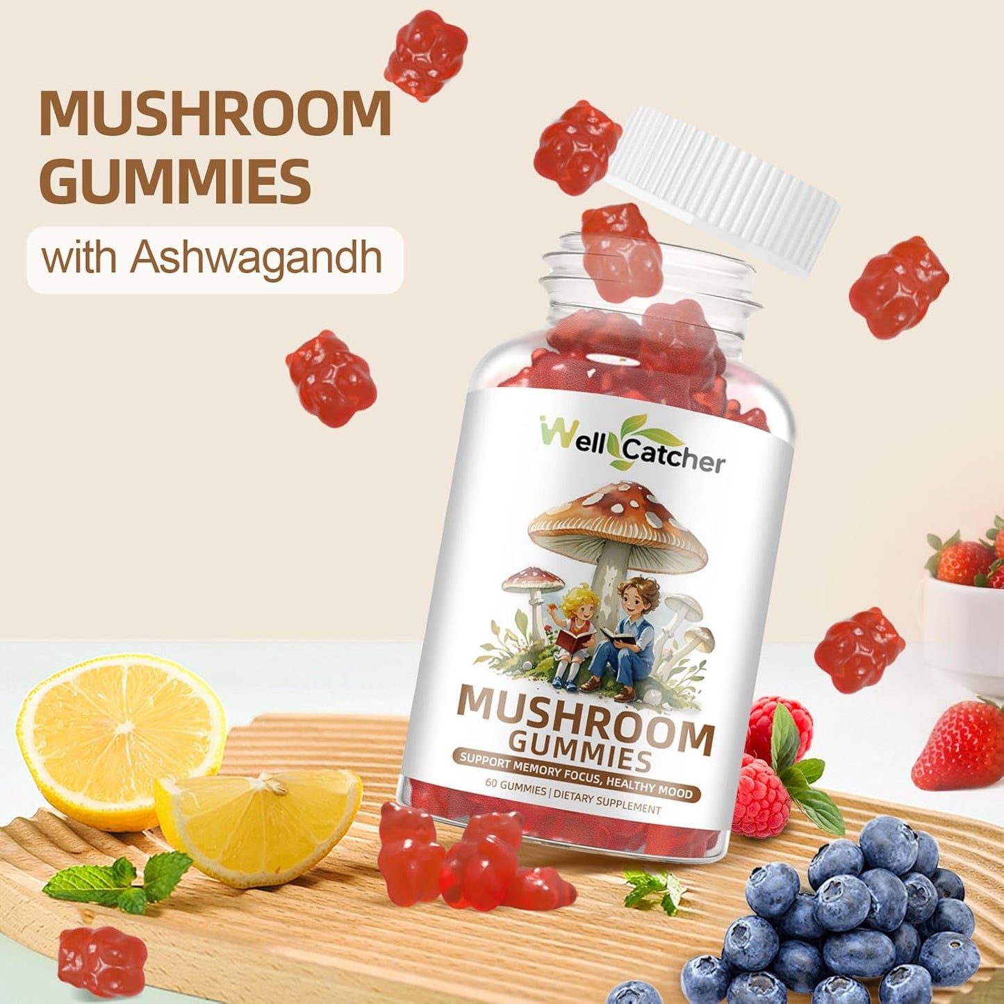 Organic Mushroom Gummies Supplement with Ashwagandha for Memory and Focus - Lion Mane, Reishi, Cordyceps - Vegan Non GMO Mixed Fruit Flavor - 60CT