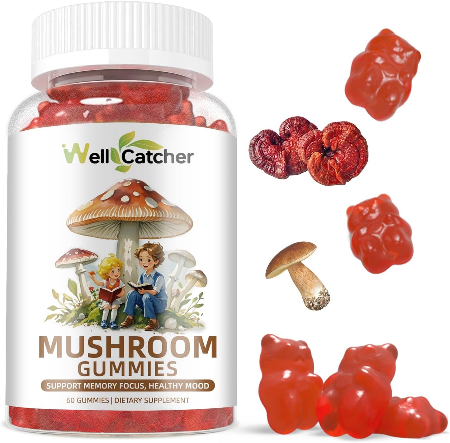 Organic Mushroom Gummies Supplement with Ashwagandha for Memory and Focus - Lion Mane, Reishi, Cordyceps - Vegan Non GMO Mixed Fruit Flavor - 60CT