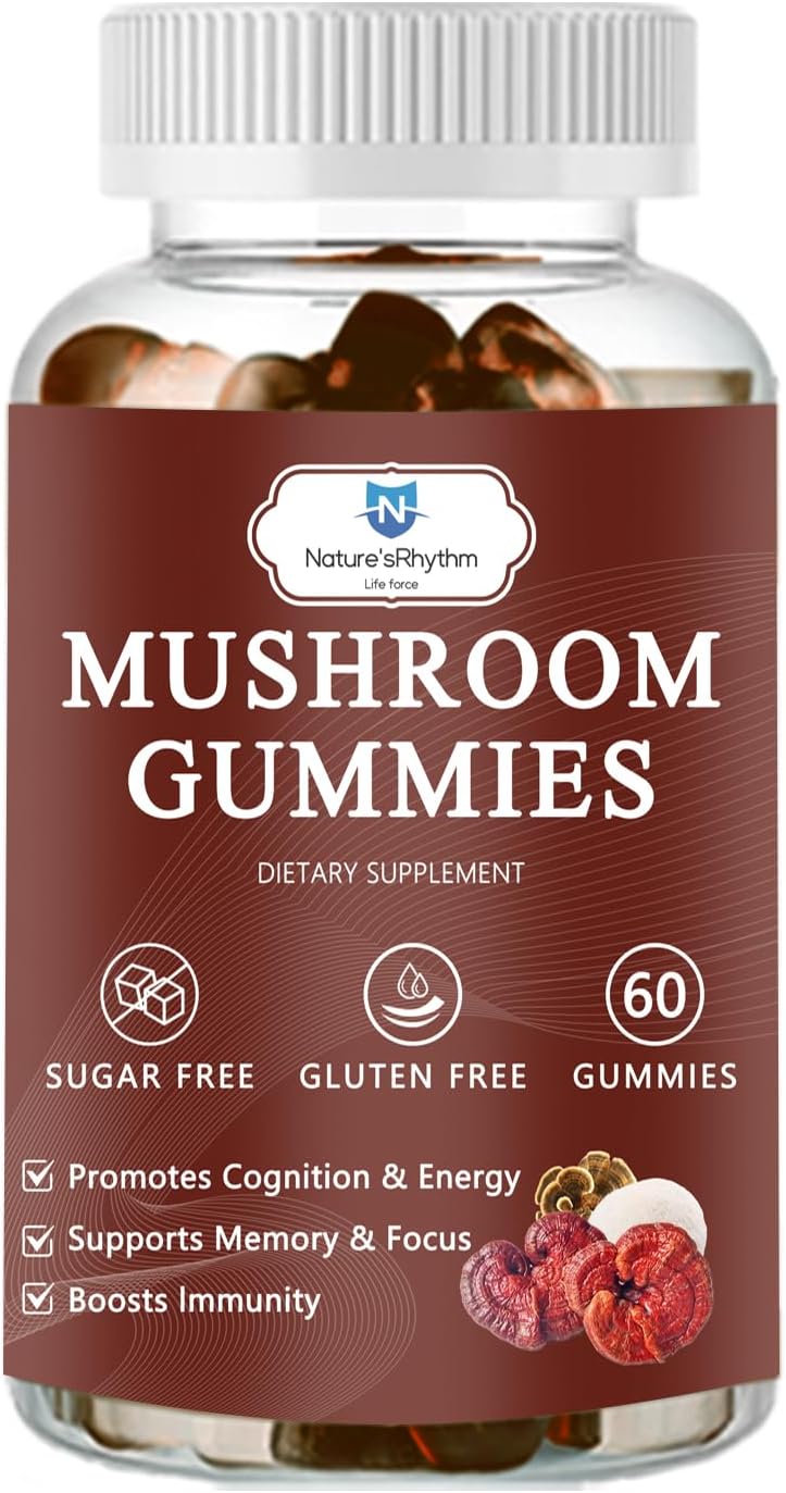 Organic Mushroom Gummies with Reishi, Cordyceps, Lion's Mane - Brain Booster, Immune Support, Energy - 60 Gummies