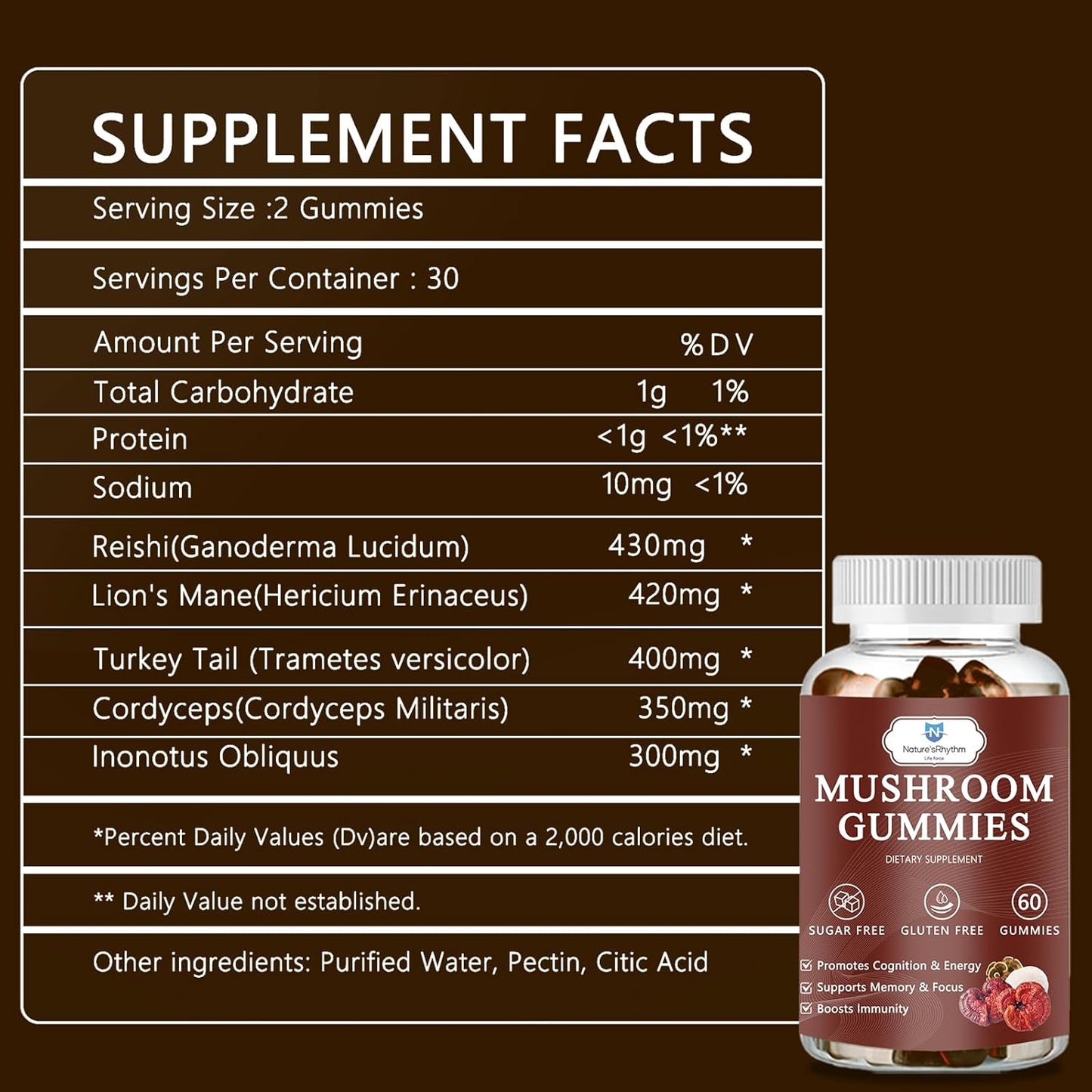 Organic Mushroom Gummies with Reishi, Cordyceps, Lion's Mane - Brain Booster, Immune Support, Energy - 60 Gummies