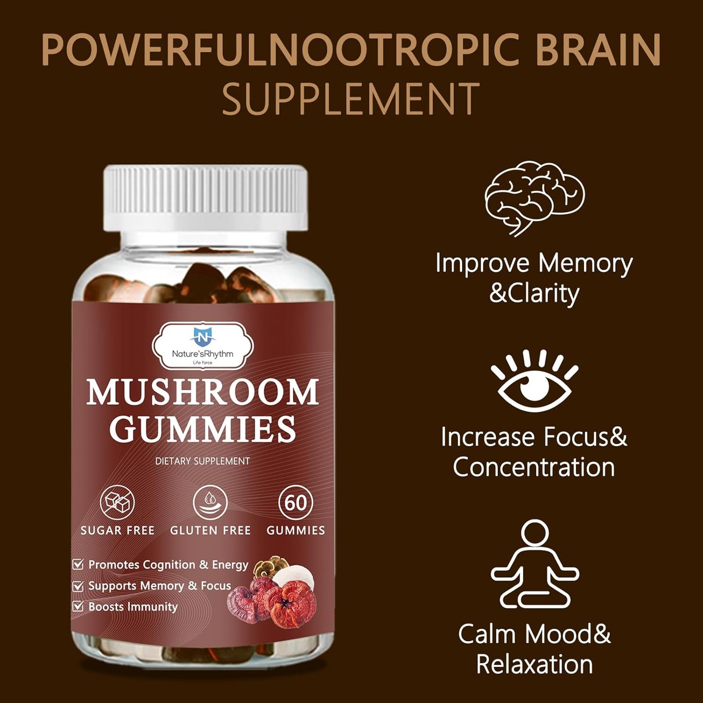 Organic Mushroom Gummies with Reishi, Cordyceps, Lion's Mane - Brain Booster, Immune Support, Energy - 60 Gummies