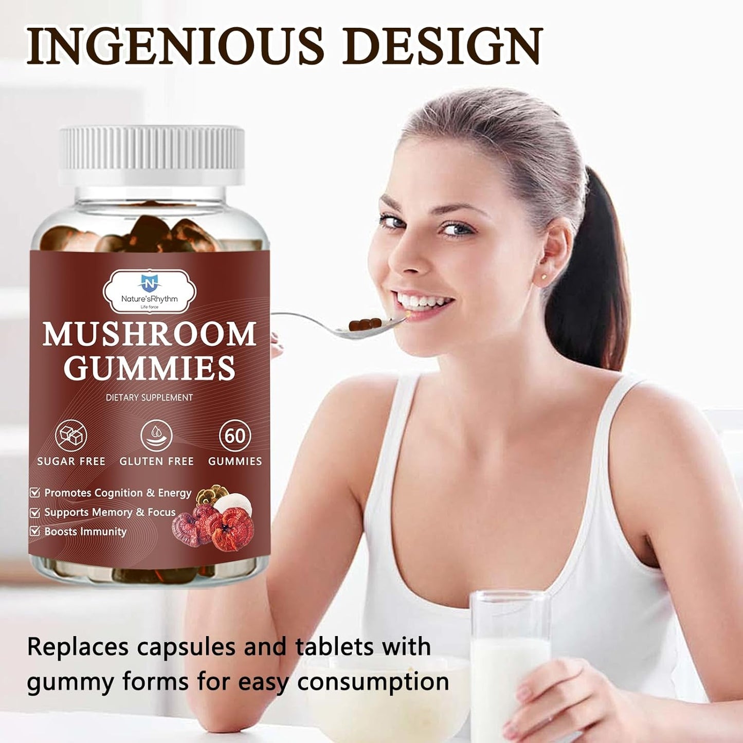 Organic Mushroom Gummies with Reishi, Cordyceps, Lion's Mane - Brain Booster, Immune Support, Energy - 60 Gummies