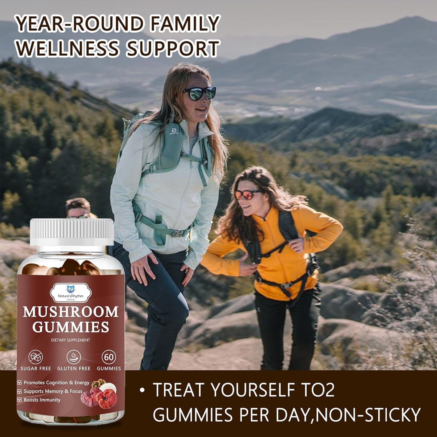 Organic Mushroom Gummies with Reishi, Cordyceps, Lion's Mane - Brain Booster, Immune Support, Energy - 60 Gummies