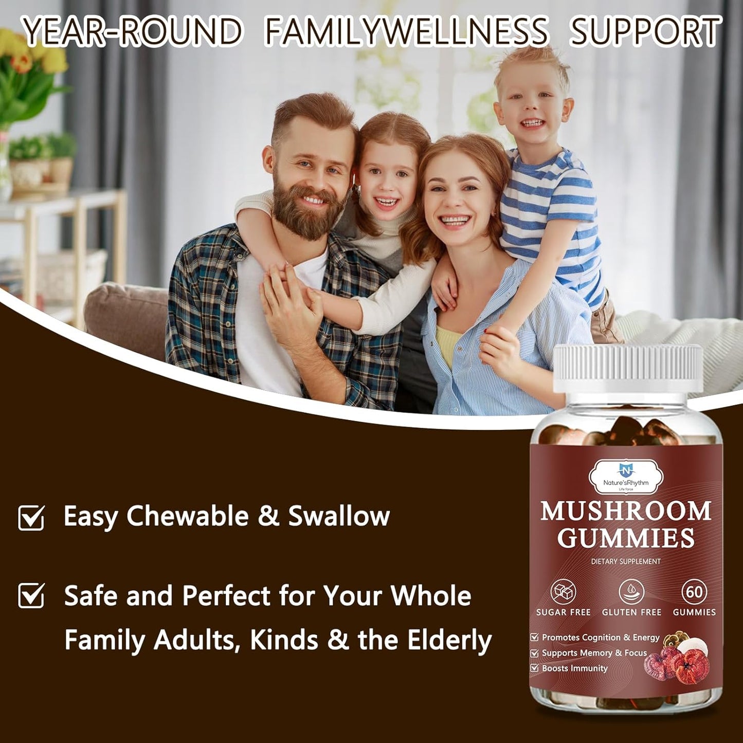 Organic Mushroom Gummies with Reishi, Cordyceps, Lion's Mane - Brain Booster, Immune Support, Energy - 60 Gummies
