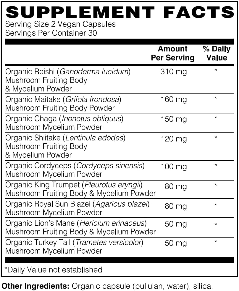 Organic Mushroom Immune Support Capsules with 9 Blend for Health & Wellness - Pure, Non-GMO, Vegan - Sacred Tree Naturals