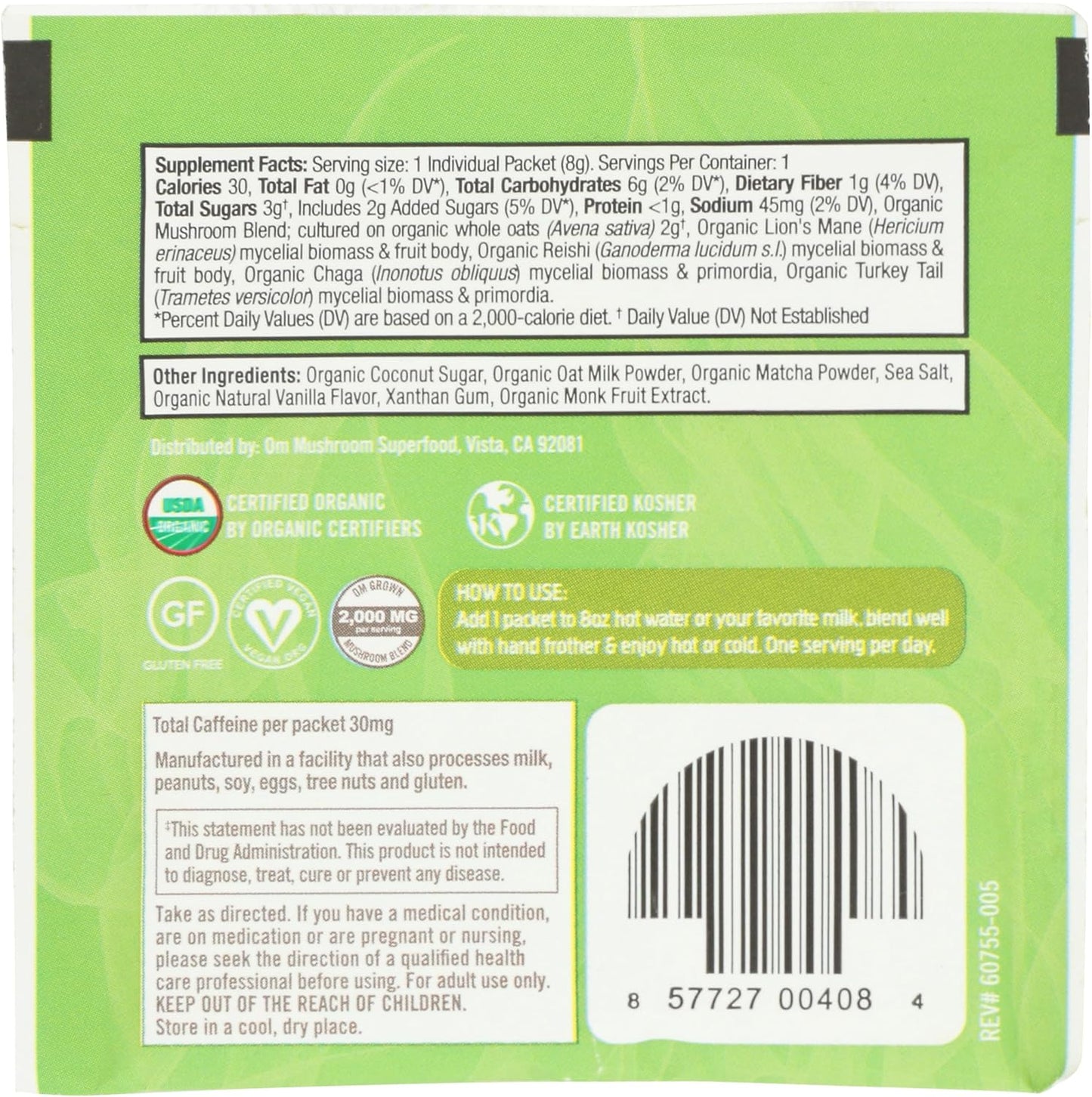 Organic Mushroom Matcha Latte Blend by Om Mushroom Superfood - 0.28 OZ