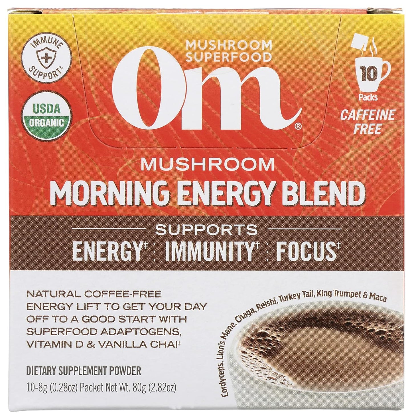 Organic Mushroom Morning Energy Blend Powder Drink with Cordyceps, Vitamin D2, and Lion's Mane - Coffee Free, 10 Count