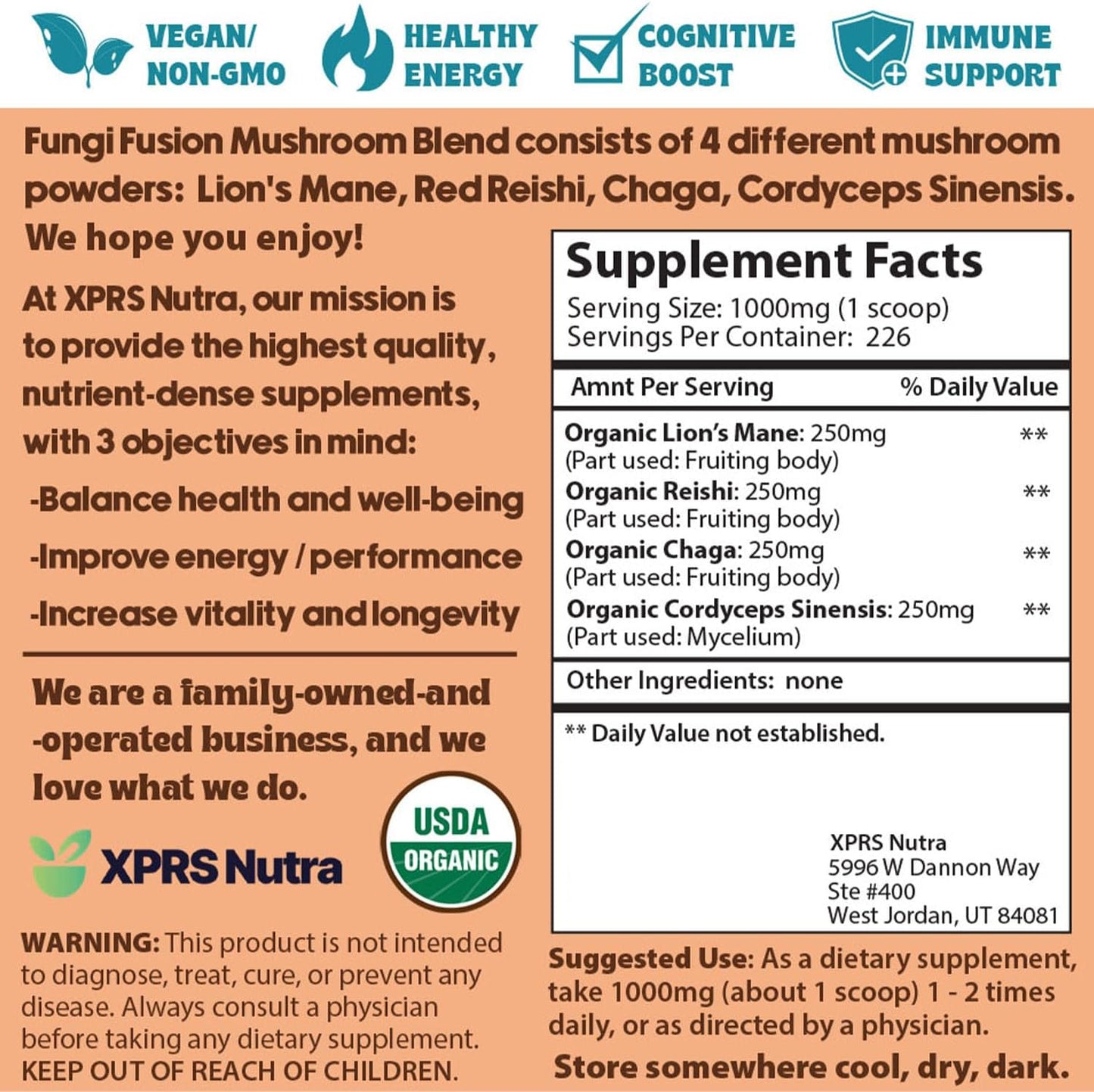 Organic Mushroom Powder Blend with Lion's Mane, Reishi, Chaga, and Cordyceps - 8 Ounce for Mental Clarity and Immunity