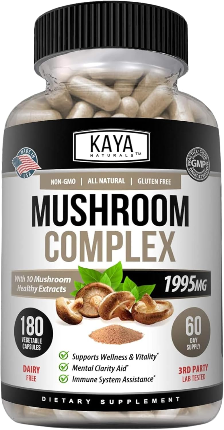 Organic Mushroom Supplement Capsules - Potent Mushroom Complex for Mental Clarity & Immune Support - 180 Count - Kaya Naturals