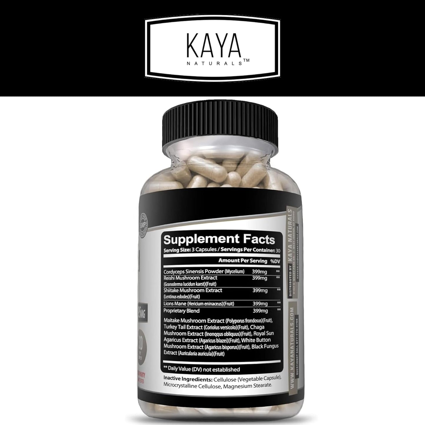 Organic Mushroom Supplement Capsules - Potent Mushroom Complex for Mental Clarity & Immune Support - 180 Count - Kaya Naturals