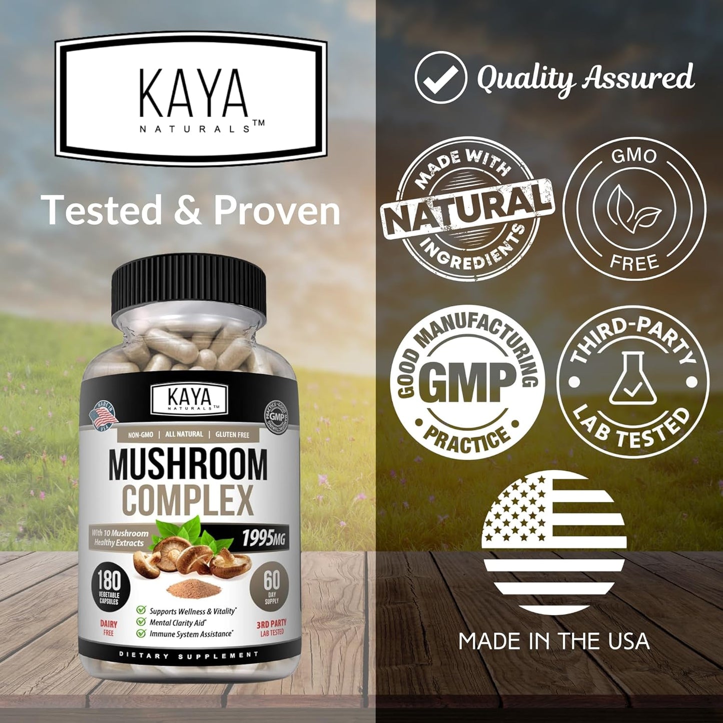 Organic Mushroom Supplement Capsules - Potent Mushroom Complex for Mental Clarity & Immune Support - 180 Count - Kaya Naturals