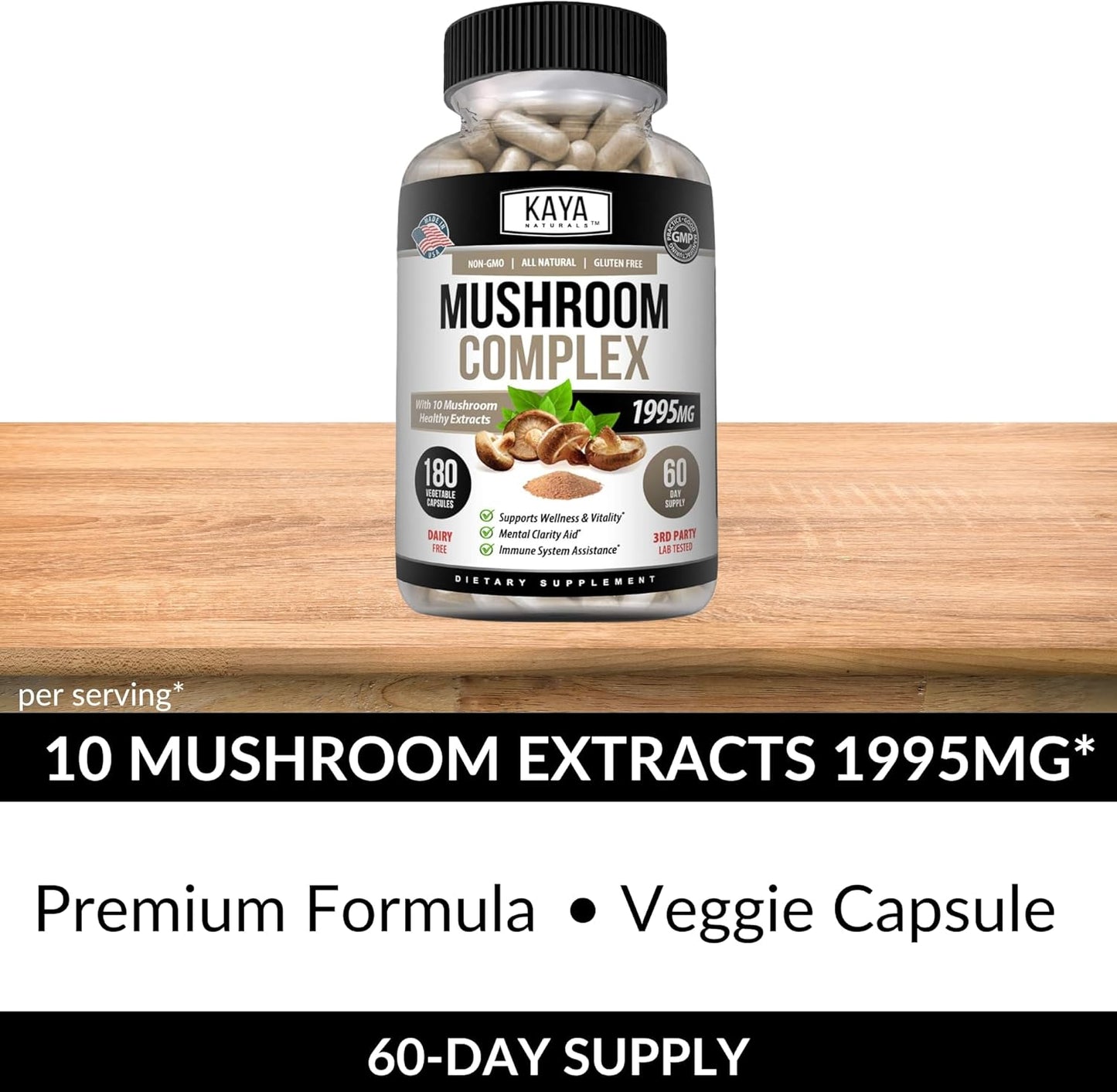 Organic Mushroom Supplement Capsules - Potent Mushroom Complex for Mental Clarity & Immune Support - 180 Count - Kaya Naturals