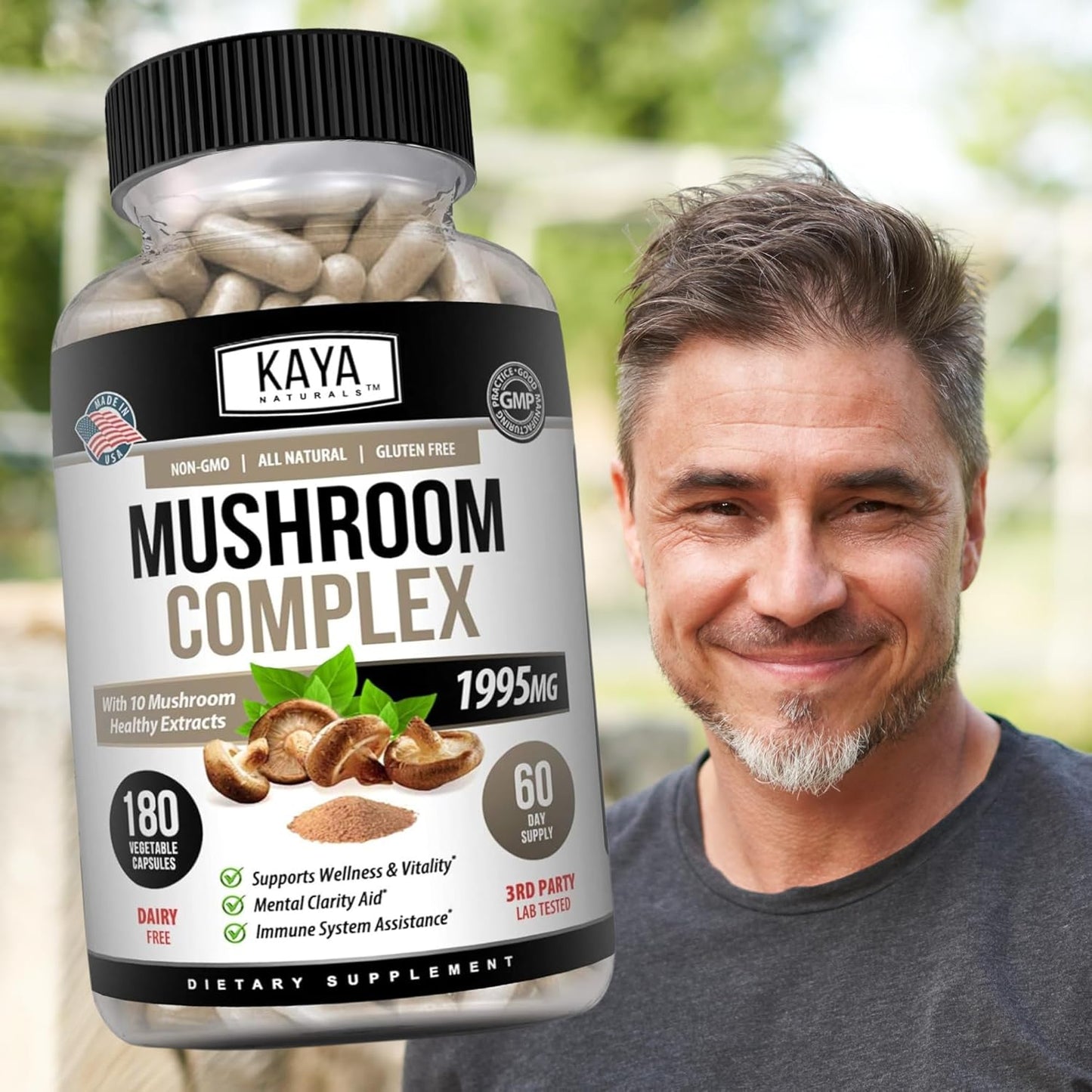 Organic Mushroom Supplement Capsules - Potent Mushroom Complex for Mental Clarity & Immune Support - 180 Count - Kaya Naturals