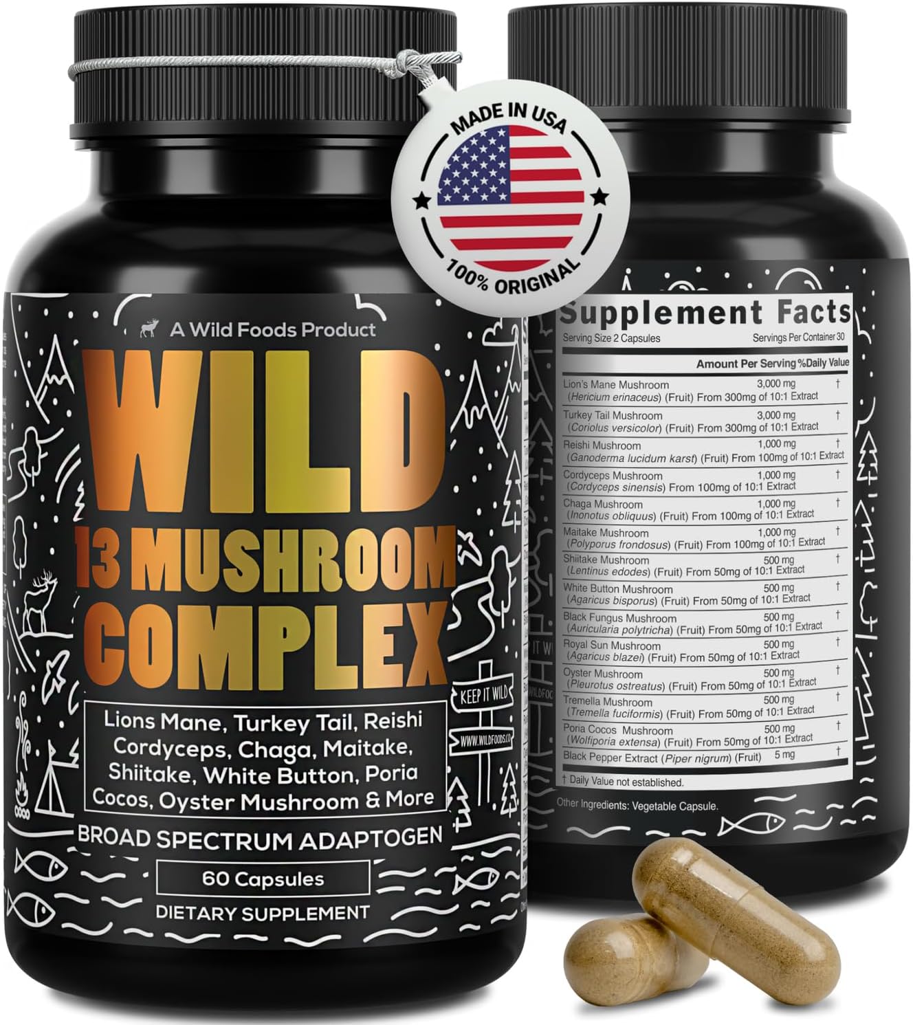 Organic Mushroom Supplement Complex with Lions Mane, Turkey Tail, Reishi & More | Energy, Brain & Immune Support | 10:1 Mushroom Extract (60 Capsules)