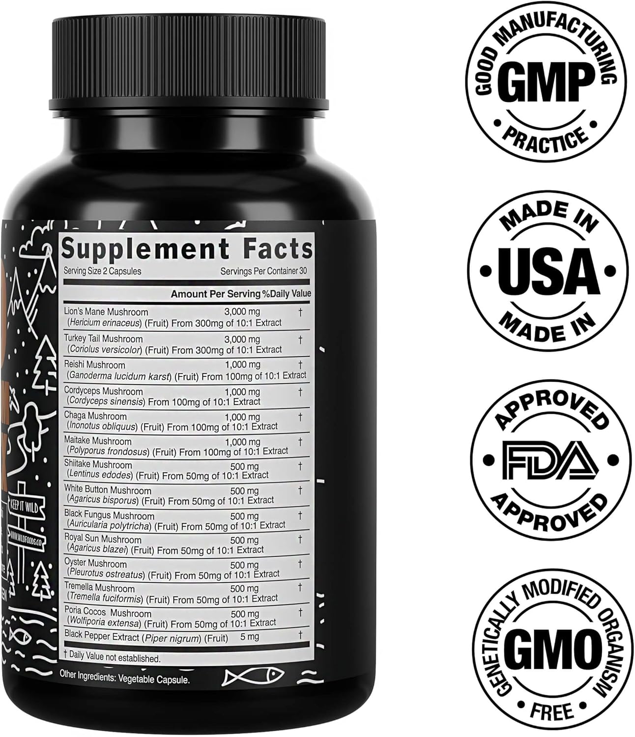 Organic Mushroom Supplement Complex with Lions Mane, Turkey Tail, Reishi & More | Energy, Brain & Immune Support | 10:1 Mushroom Extract (60 Capsules)