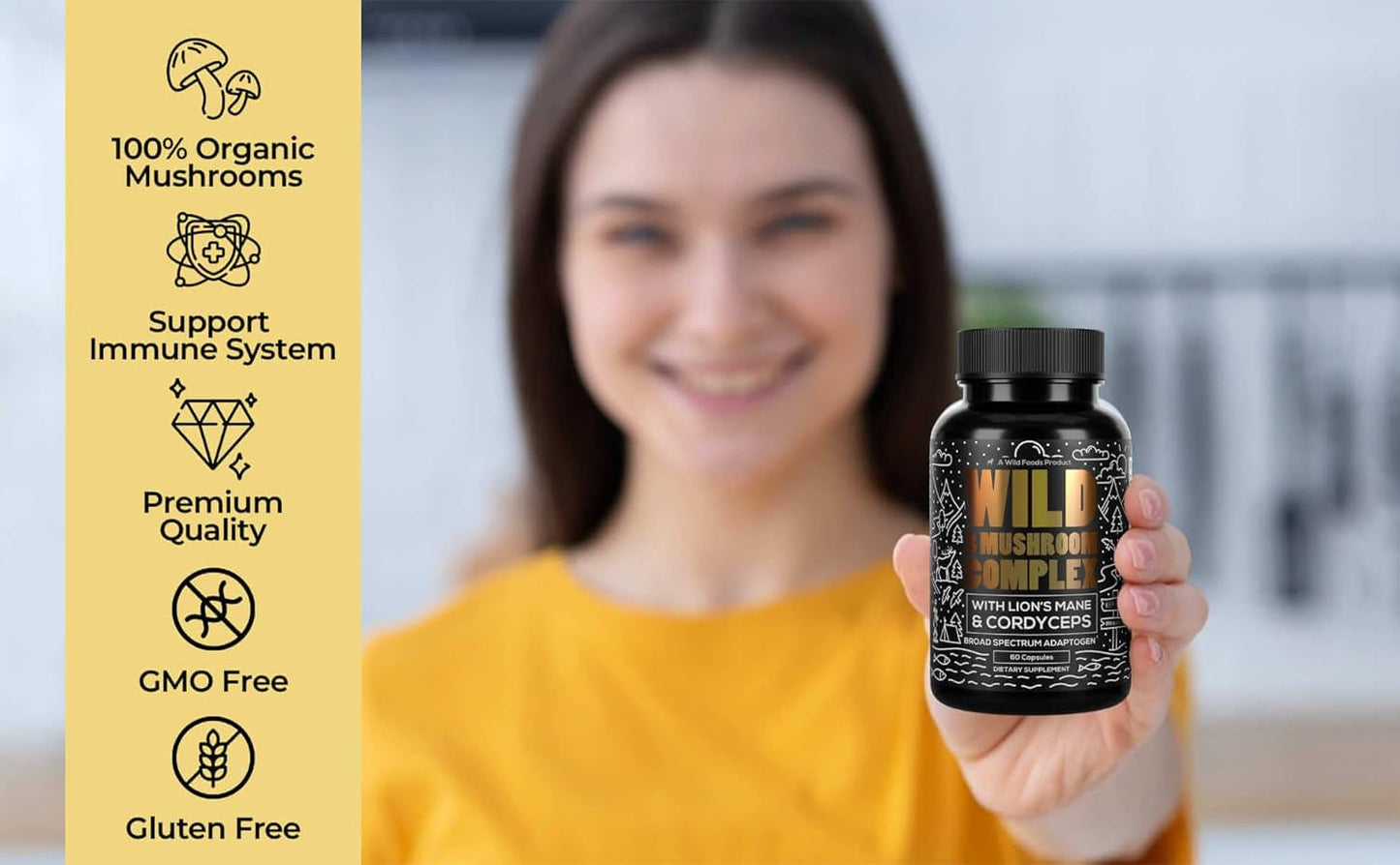 Organic Mushroom Supplement Complex with Lions Mane, Turkey Tail, Reishi & More | Energy, Brain & Immune Support | 10:1 Mushroom Extract (60 Capsules)