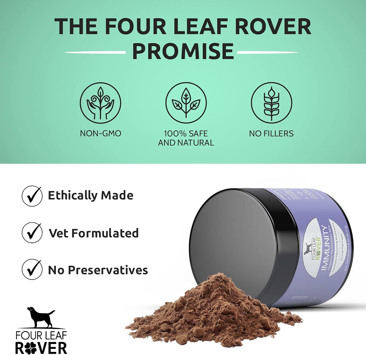 Organic Mushroom Supplement for Dogs - Veterinarian Formulated Whole Mushroom Extract - FOUR LEAF ROVER Seven Shrooms