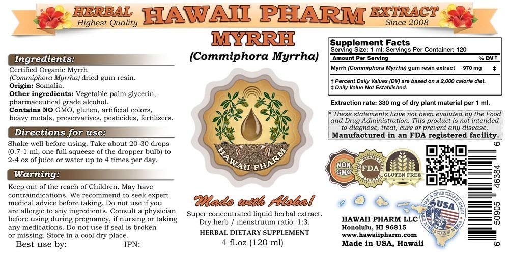 Organic Myrrh Liquid Extract Tincture - Hawaii Pharm Herbal Supplement, 4 fl. oz, Made in USA