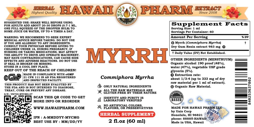 Organic Myrrh Liquid Extract Tincture Herbal Supplement - 2 fl. oz - Hawaii Pharm USA Made