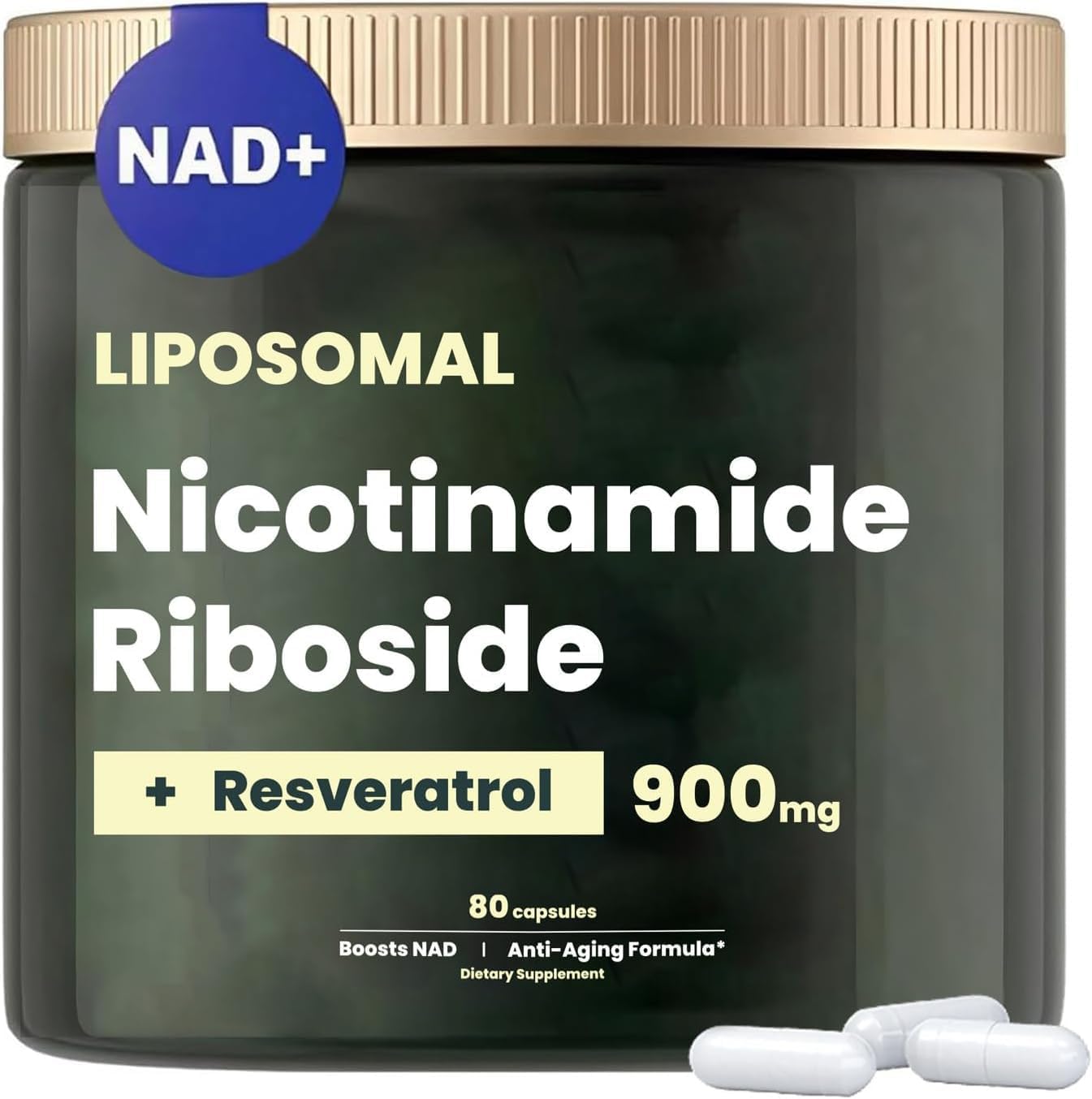 Organic NAD+ Supplement with Resveratrol & Quercetin - 900mg Nicotinamide Riboside Capsules for Anti-Aging, Energy, Cellular Health - 80 Capsules