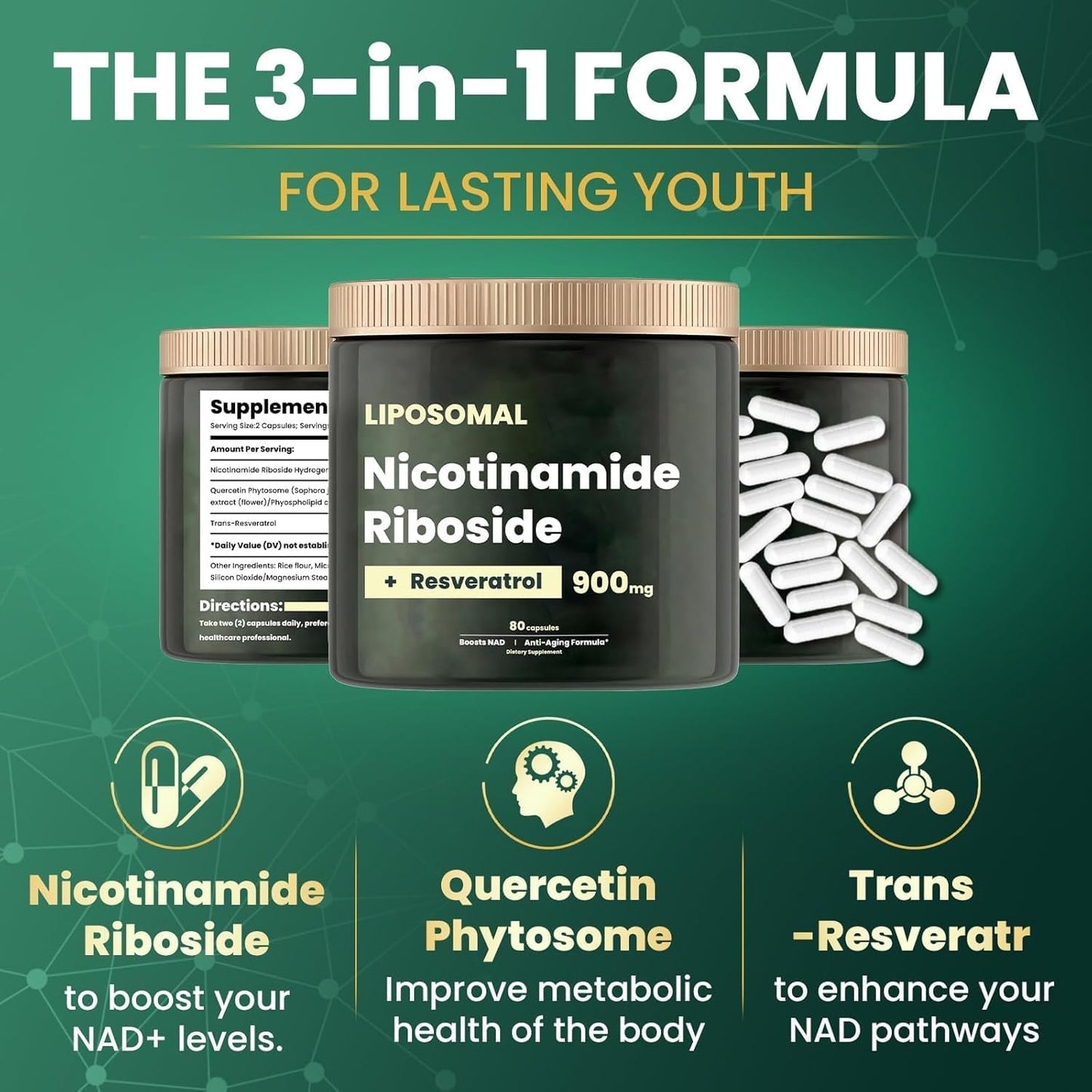 Organic NAD+ Supplement with Resveratrol & Quercetin - 900mg Nicotinamide Riboside Capsules for Anti-Aging, Energy, Cellular Health - 80 Capsules