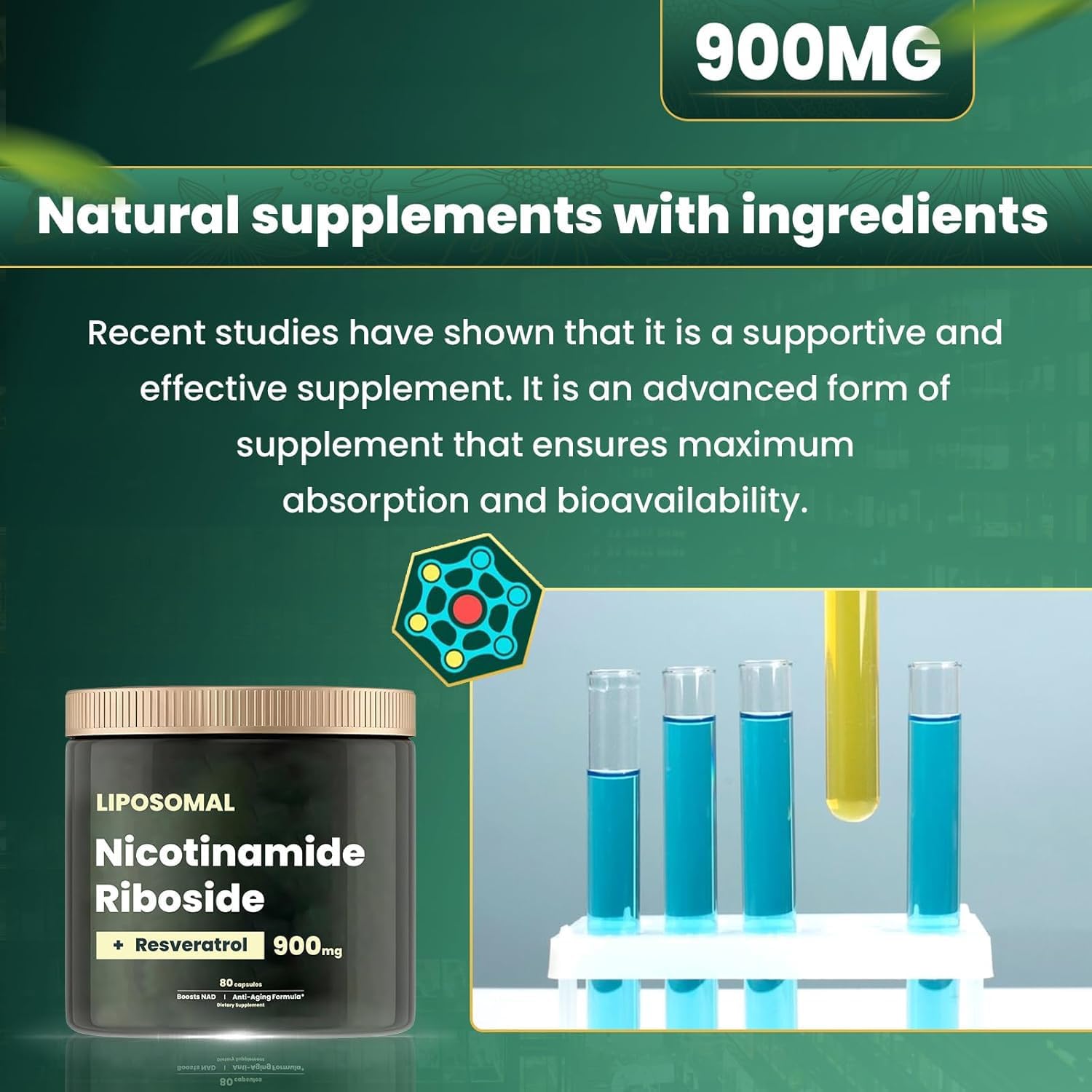 Organic NAD+ Supplement with Resveratrol & Quercetin - 900mg Nicotinamide Riboside Capsules for Anti-Aging, Energy, Cellular Health - 80 Capsules