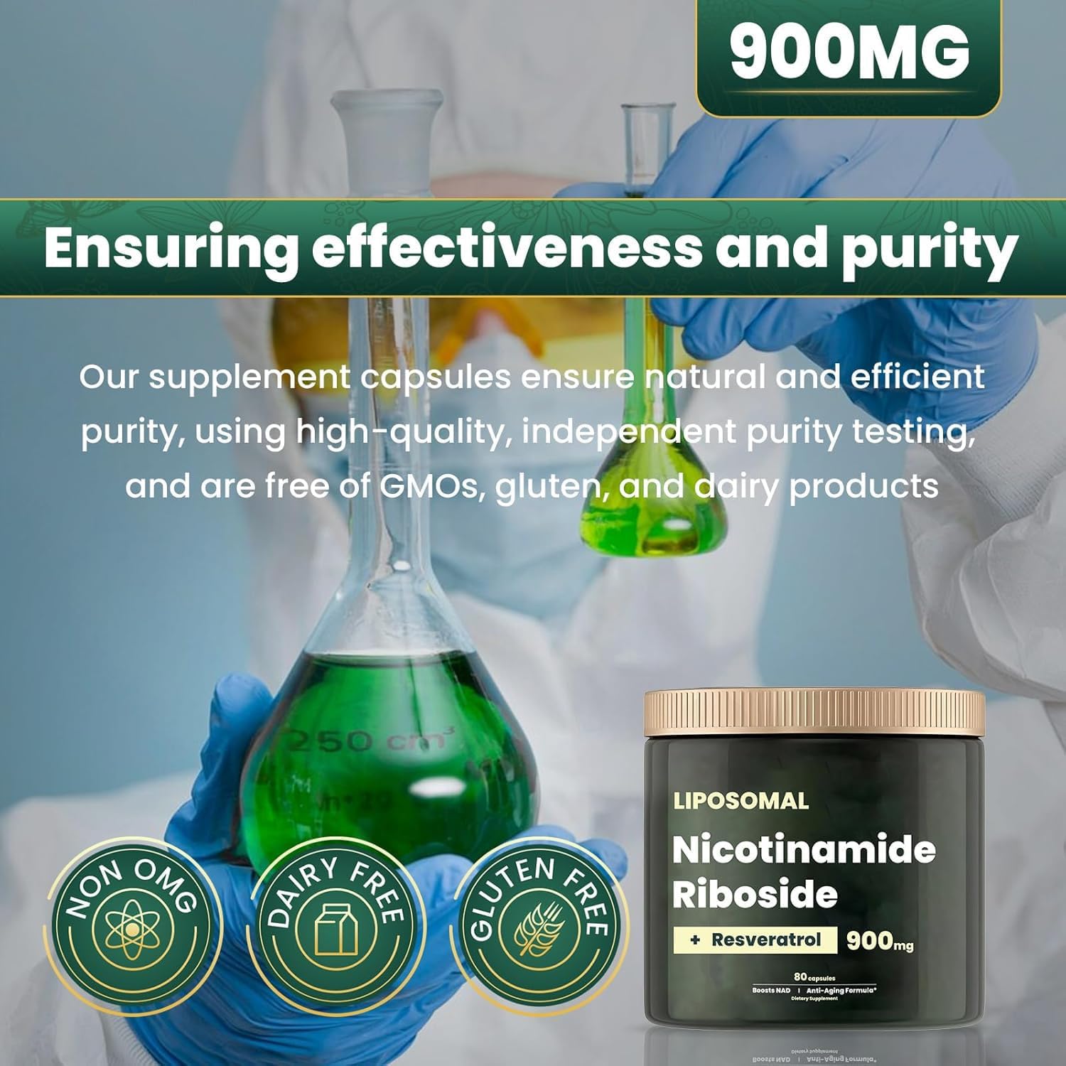 Organic NAD+ Supplement with Resveratrol & Quercetin - 900mg Nicotinamide Riboside Capsules for Anti-Aging, Energy, Cellular Health - 80 Capsules